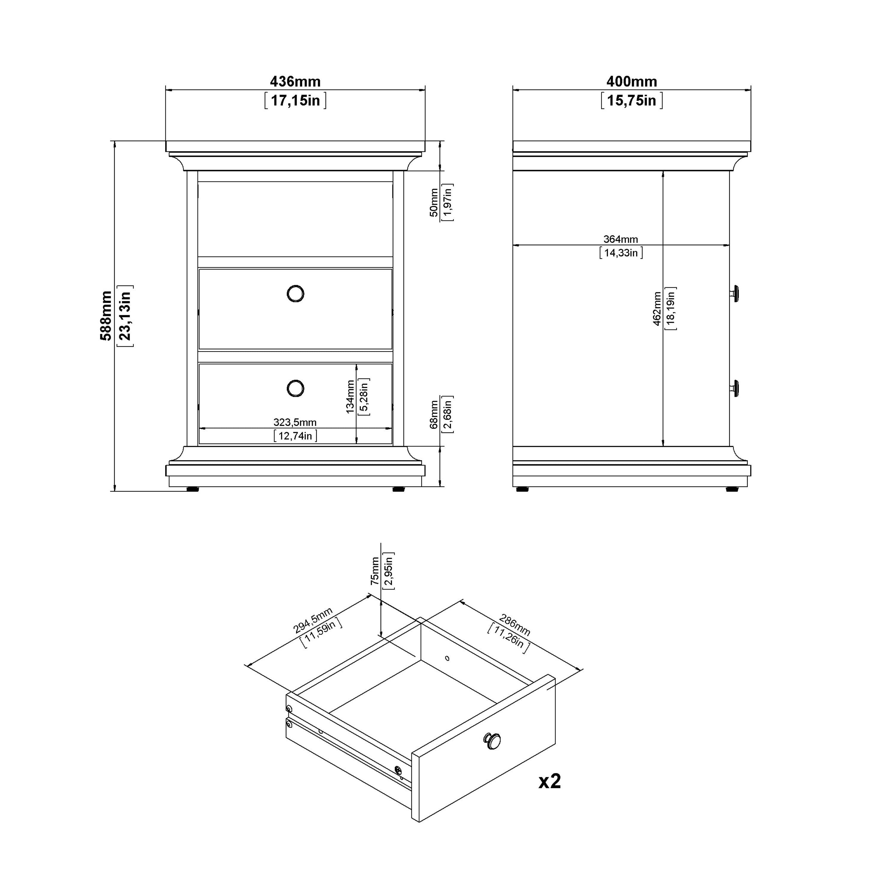 Paris Package - Bedside 2 Drawers + Chest of 4 Drawers + Wardrobe with 2 Doors White