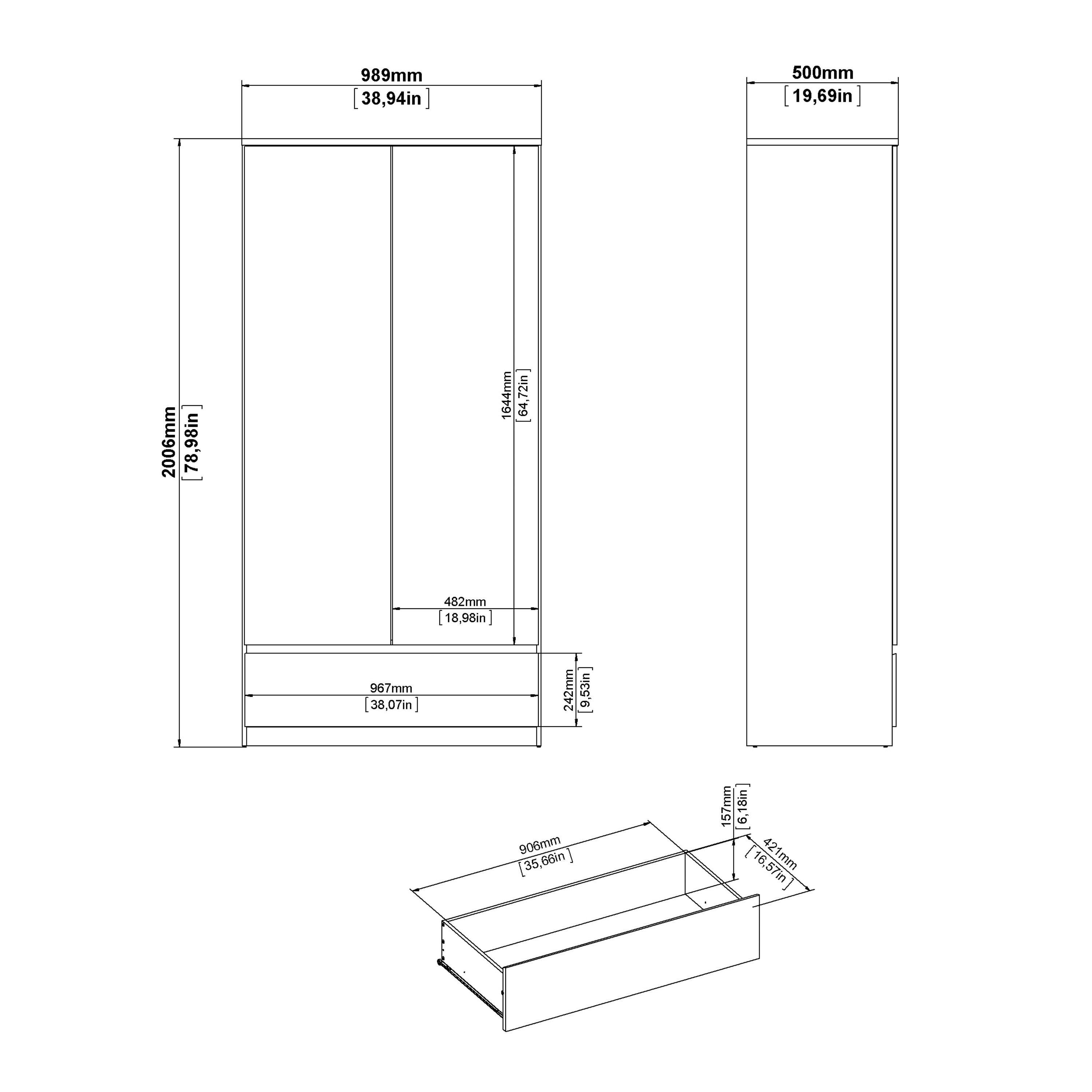 Naia Wardrobe with 2 Doors 1 Drawer in White High Gloss