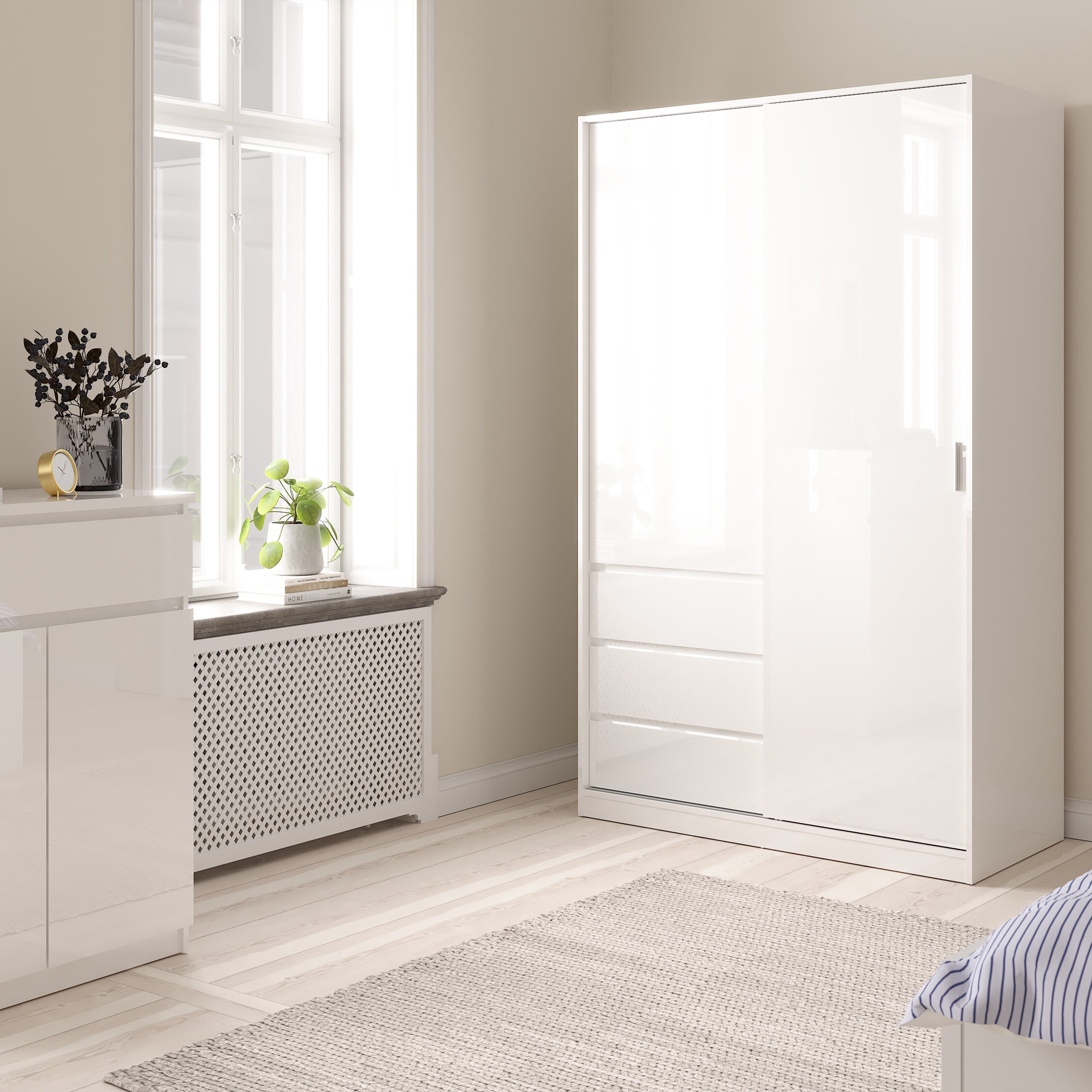 Naia Wardrobe with 1 Sliding Door and 1 Door + 3 Drawers in White