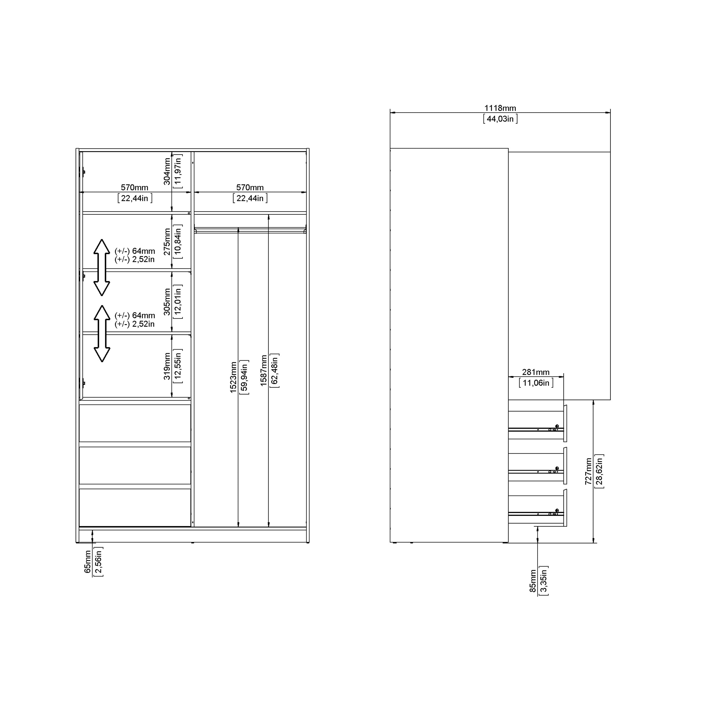 Naia Wardrobe with 1 Sliding Door 1 Door 3 Drawers in White High Gloss