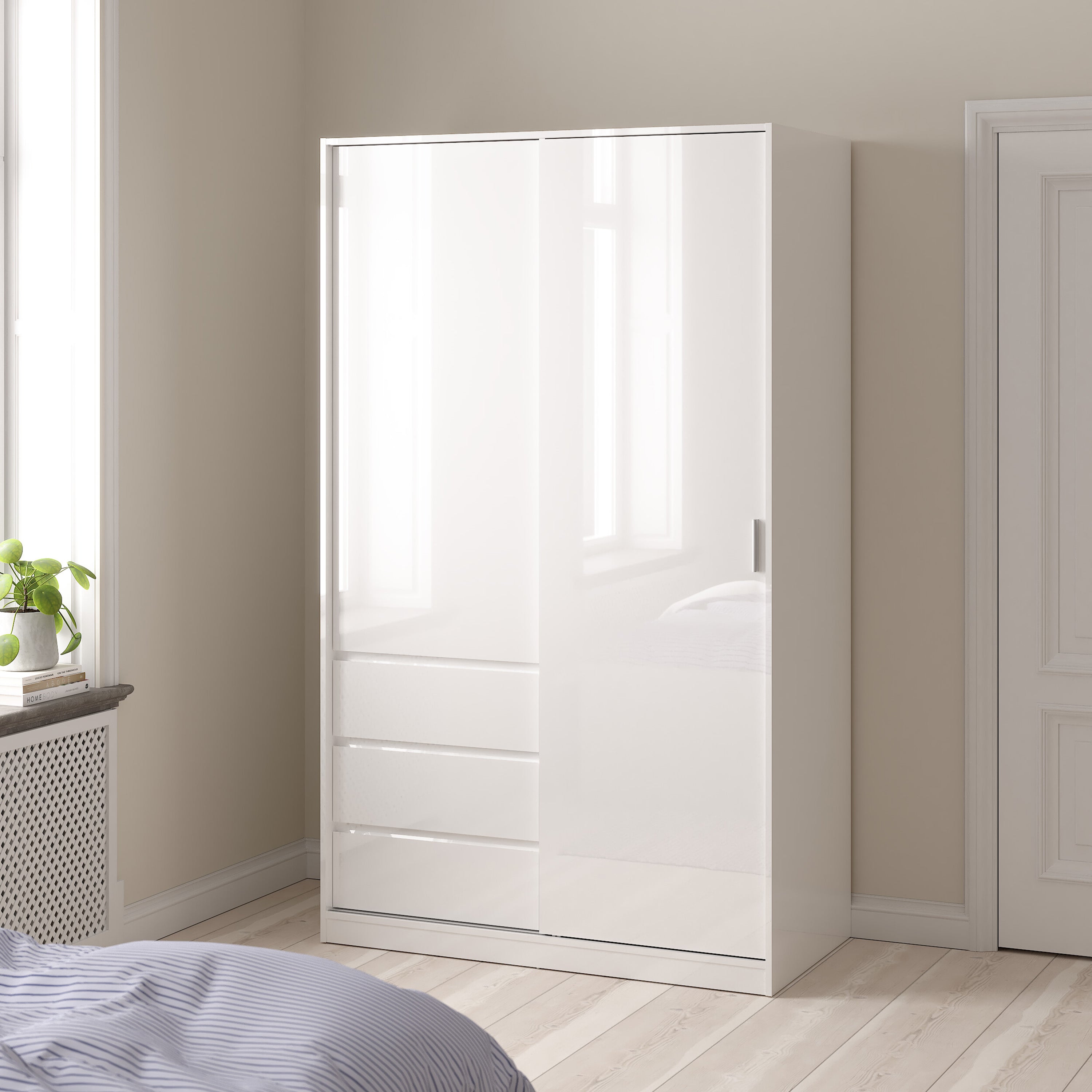 Naia Wardrobe with 1 Sliding Door 1 Door 3 Drawers in White High Gloss