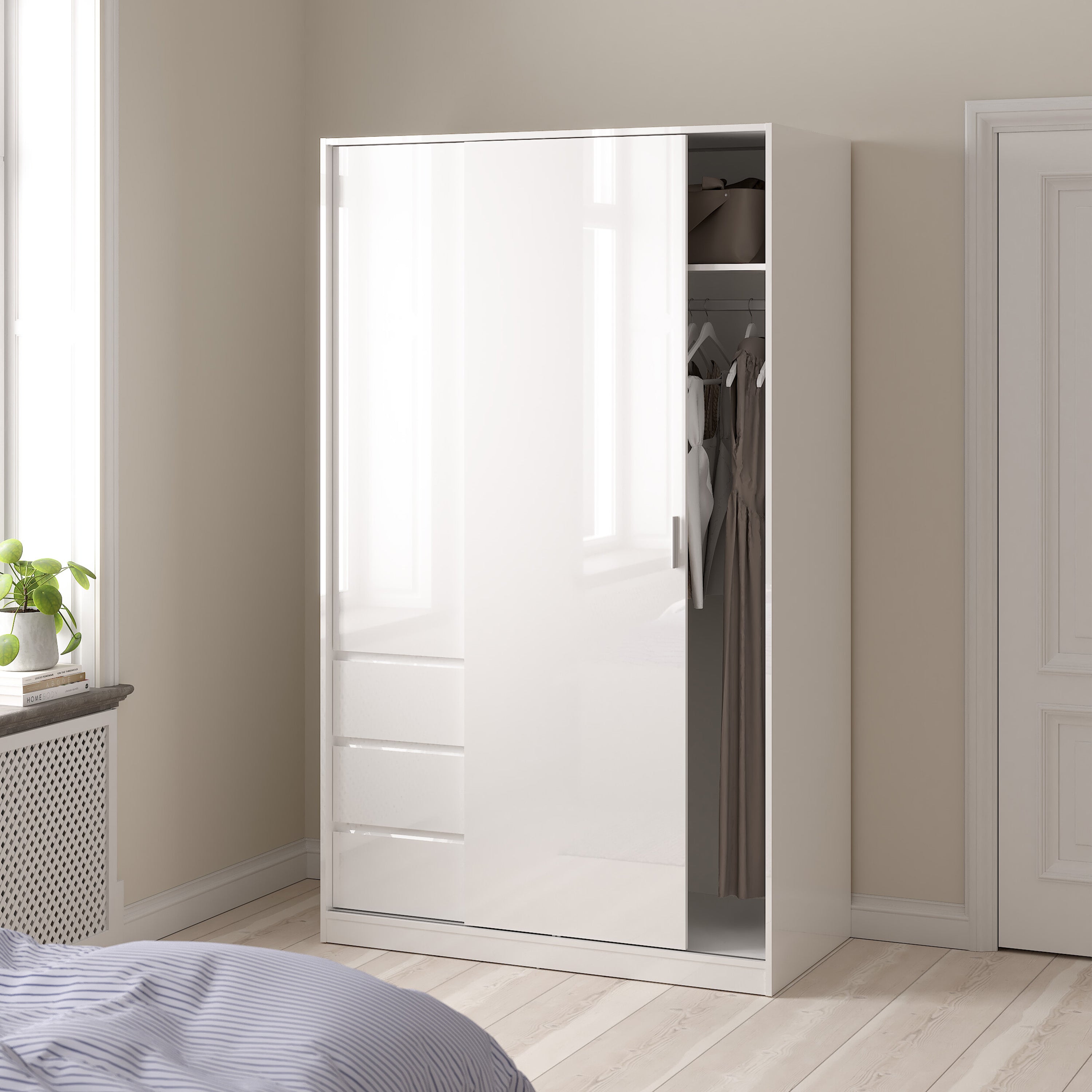 Naia Wardrobe with 1 Sliding Door 1 Door 3 Drawers in White High Gloss