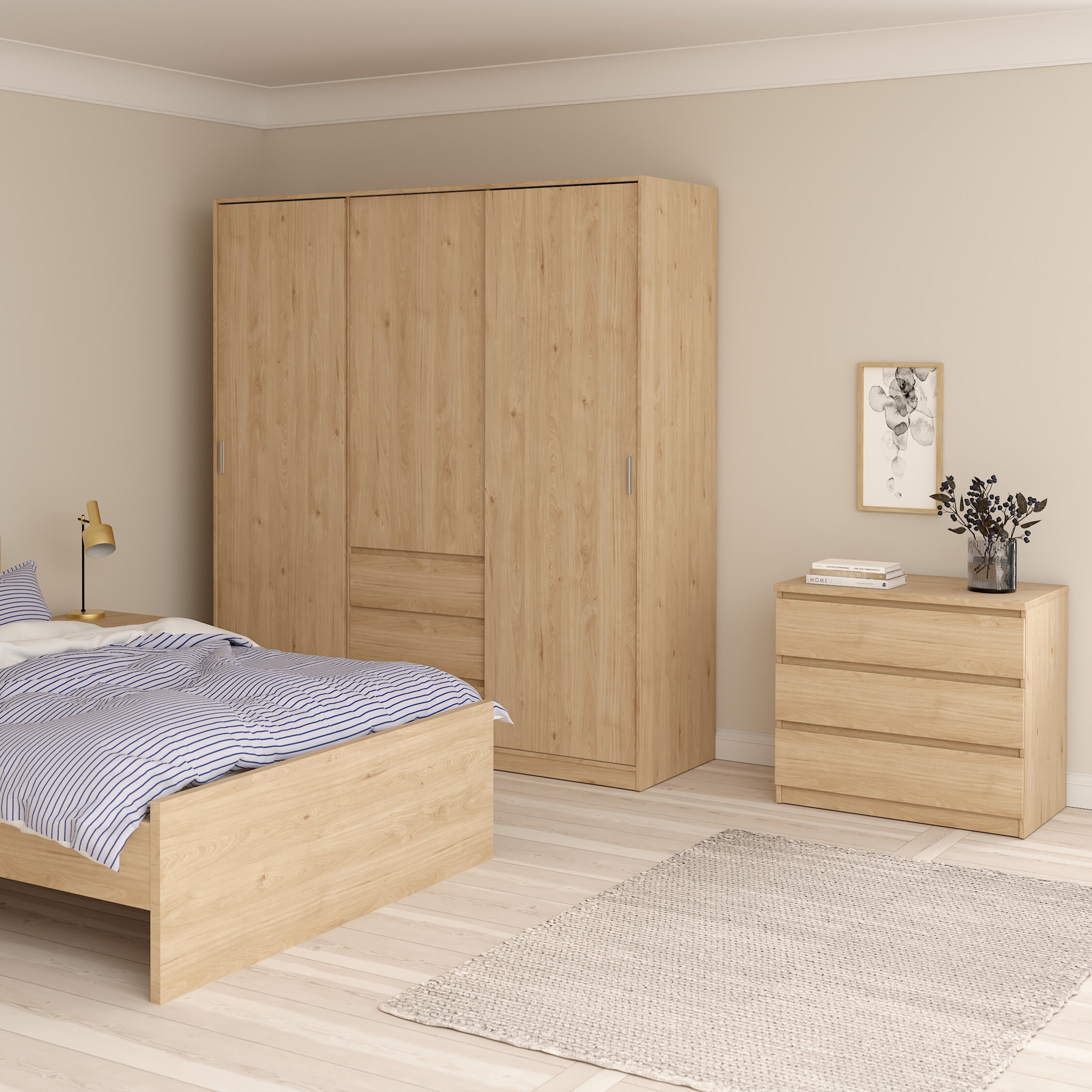 Naia Wardrobe with 2 Sliding Doors 1 Door 3 Drawers in Jackson Hickory Oak