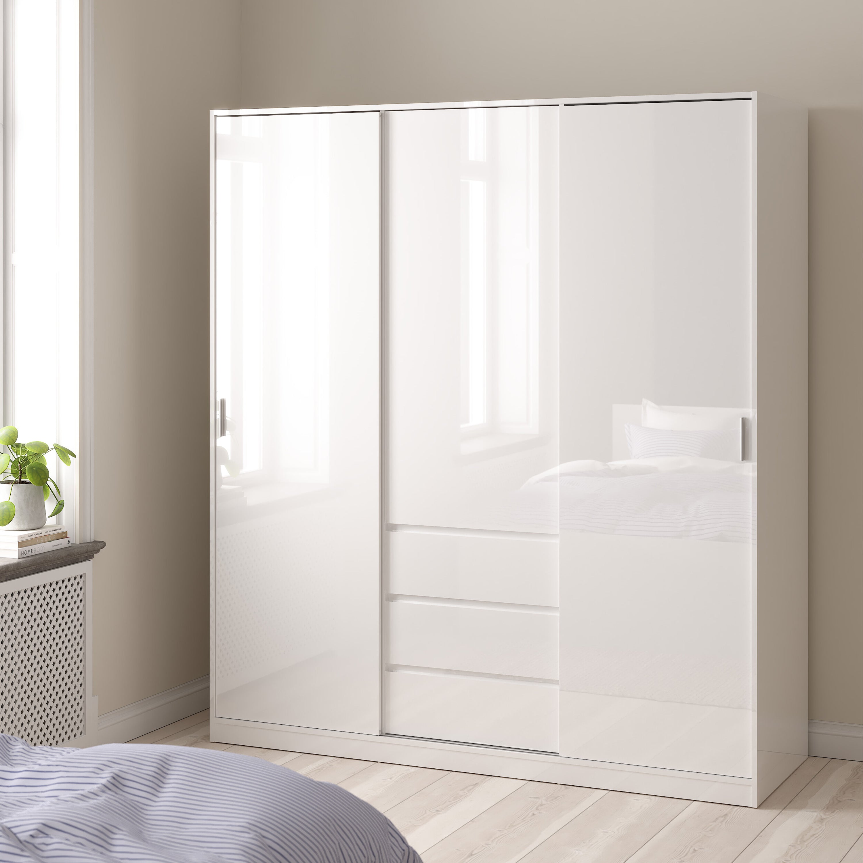 Naia Wardrobe with 2 Sliding Doors 1 Door 3 Drawers in White High Gloss