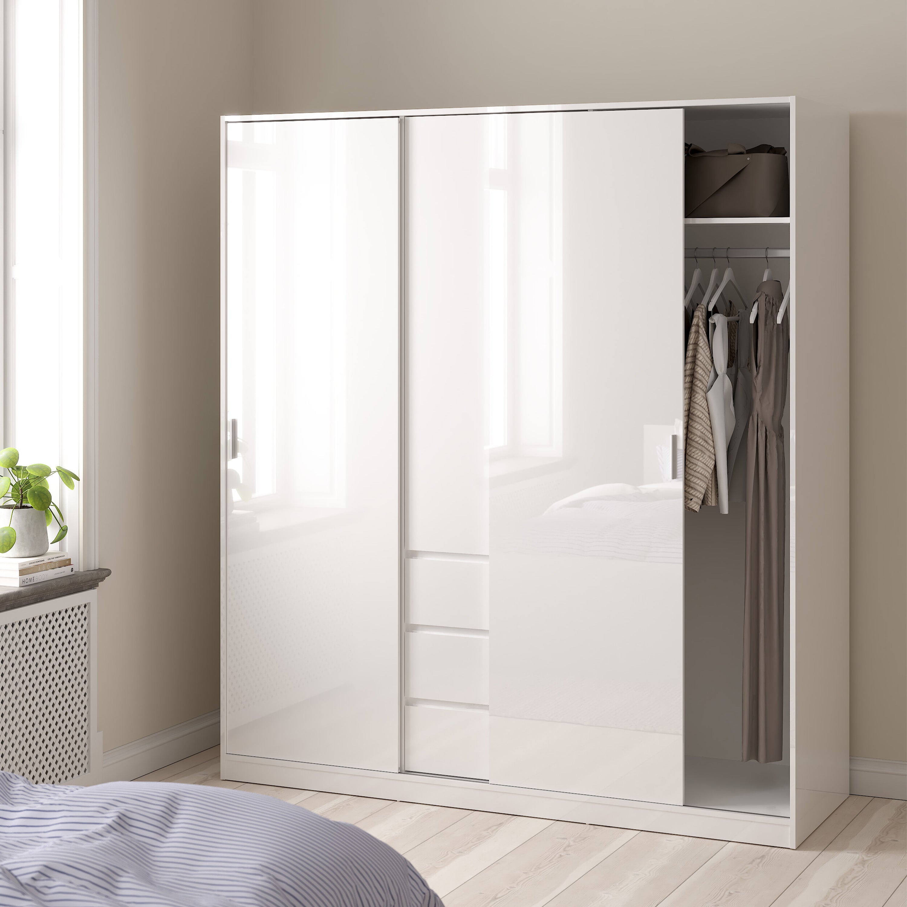 Naia Wardrobe with 2 Sliding Doors 1 Door 3 Drawers in White High Gloss