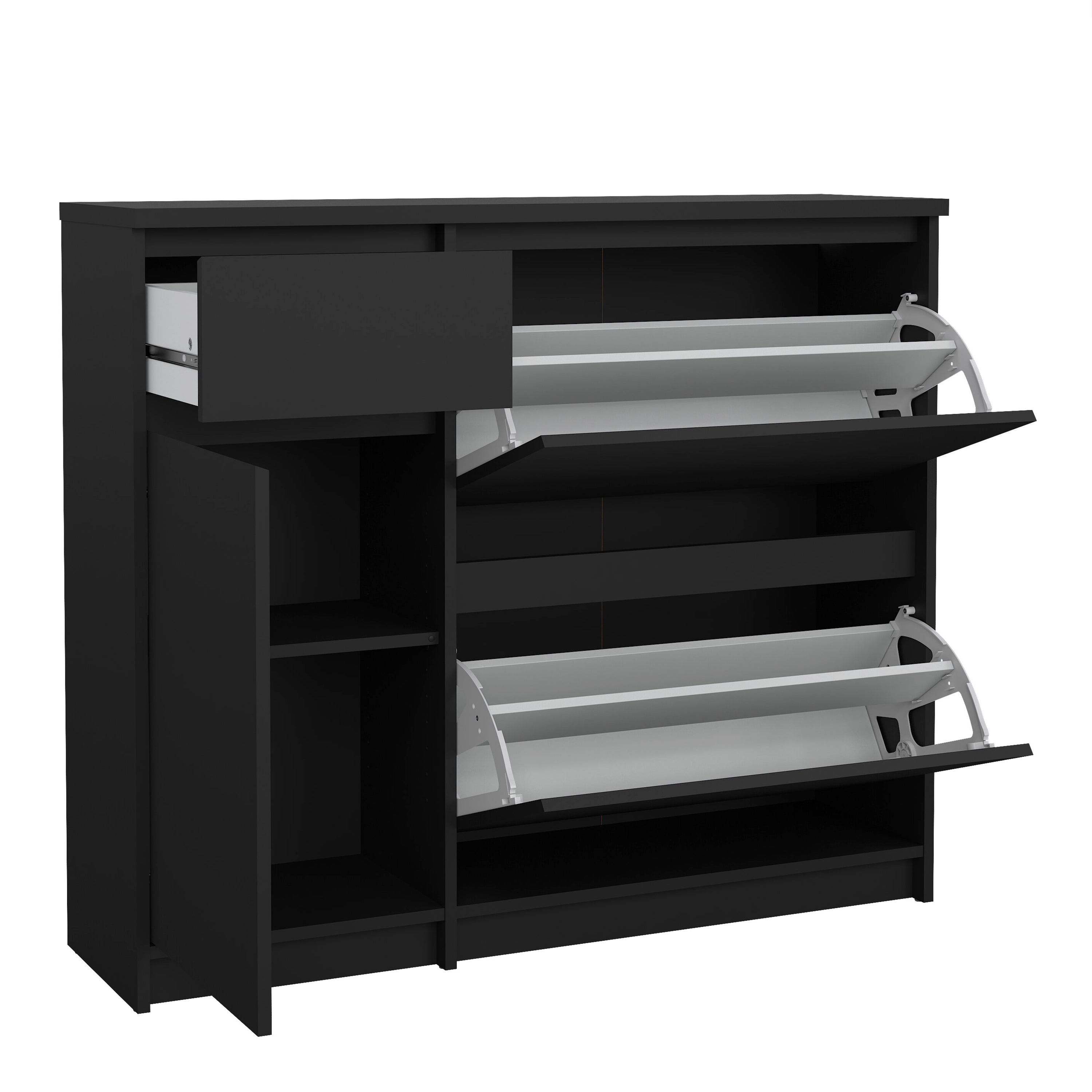 Naia Shoe Cabinet with 2 Flip Down Doors 1 Door and 1 Drawer in Black Matt