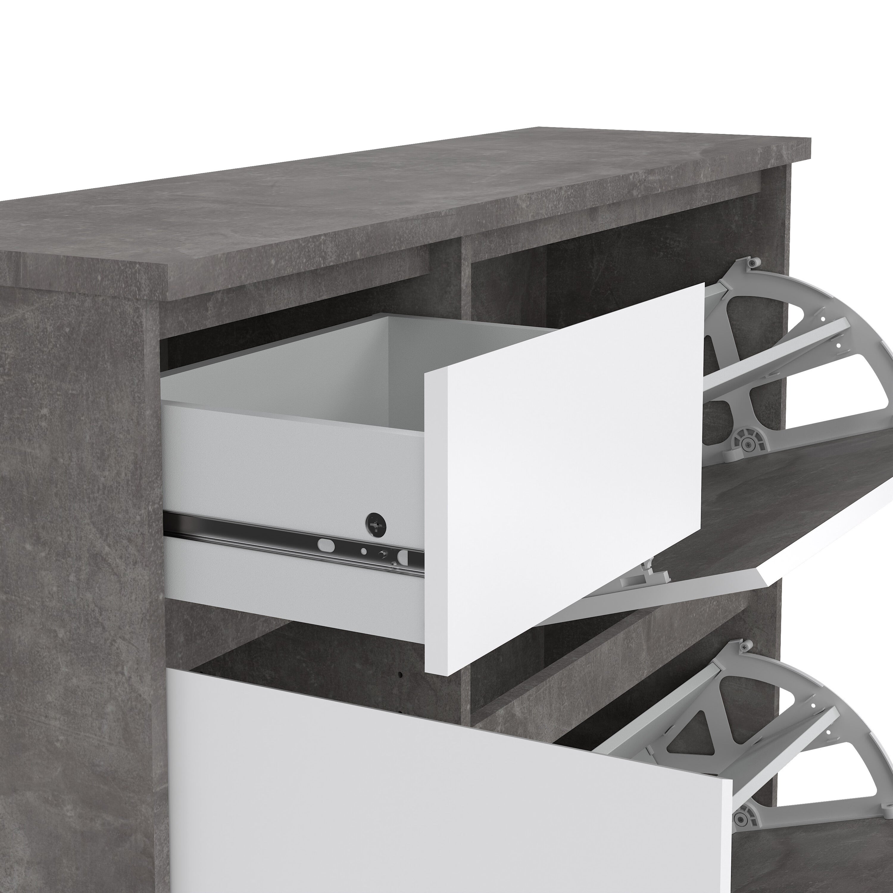 Naia Shoe Cabinet with 2 Flip Down Doors 1 Door and 1 Drawer in Concrete and White High Gloss