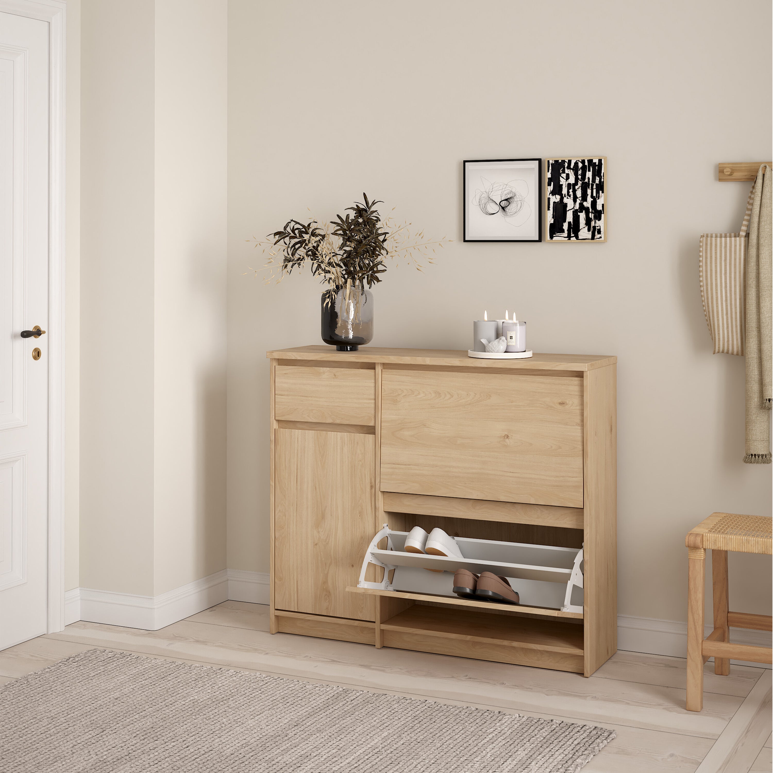 Naia Shoe Cabinet with 2 Flip Down Doors 1 Door and 1 Drawer in Jackson Hickory Oak