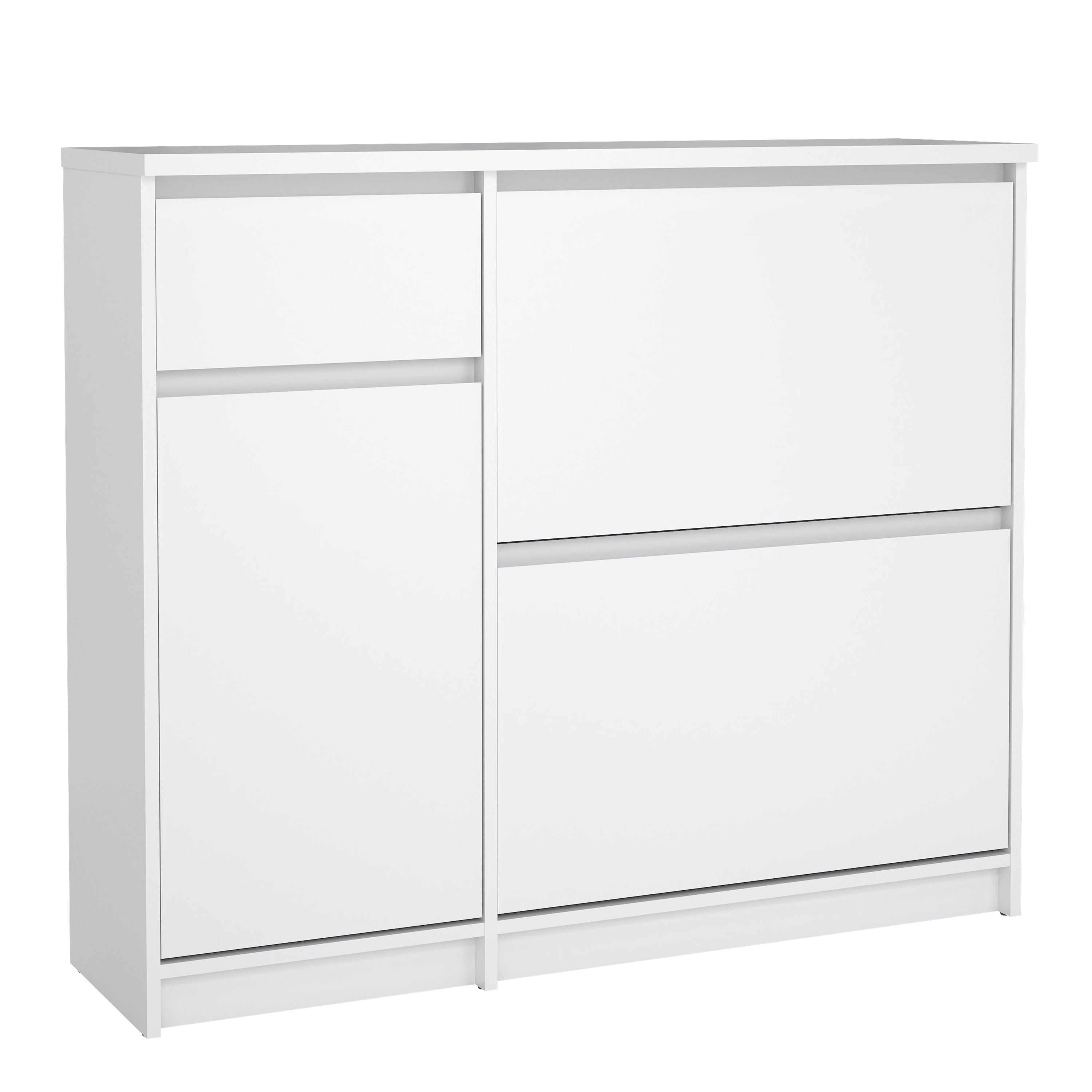 Naia Shoe Cabinet with 2 Flip Down Doors 1 Door and 1 Drawer in White High Gloss