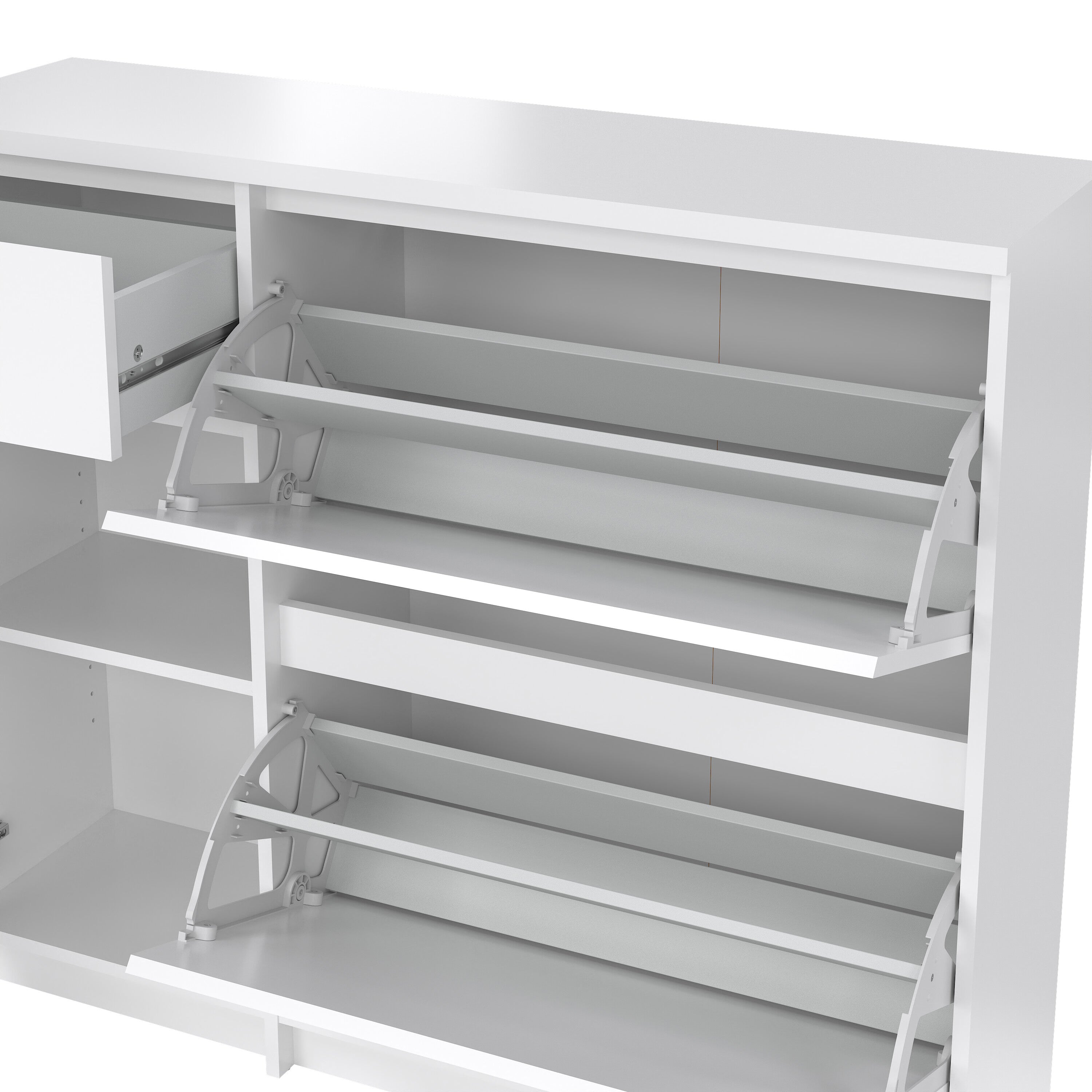 Naia Shoe Cabinet with 2 Flip Down Doors 1 Door and 1 Drawer in White High Gloss