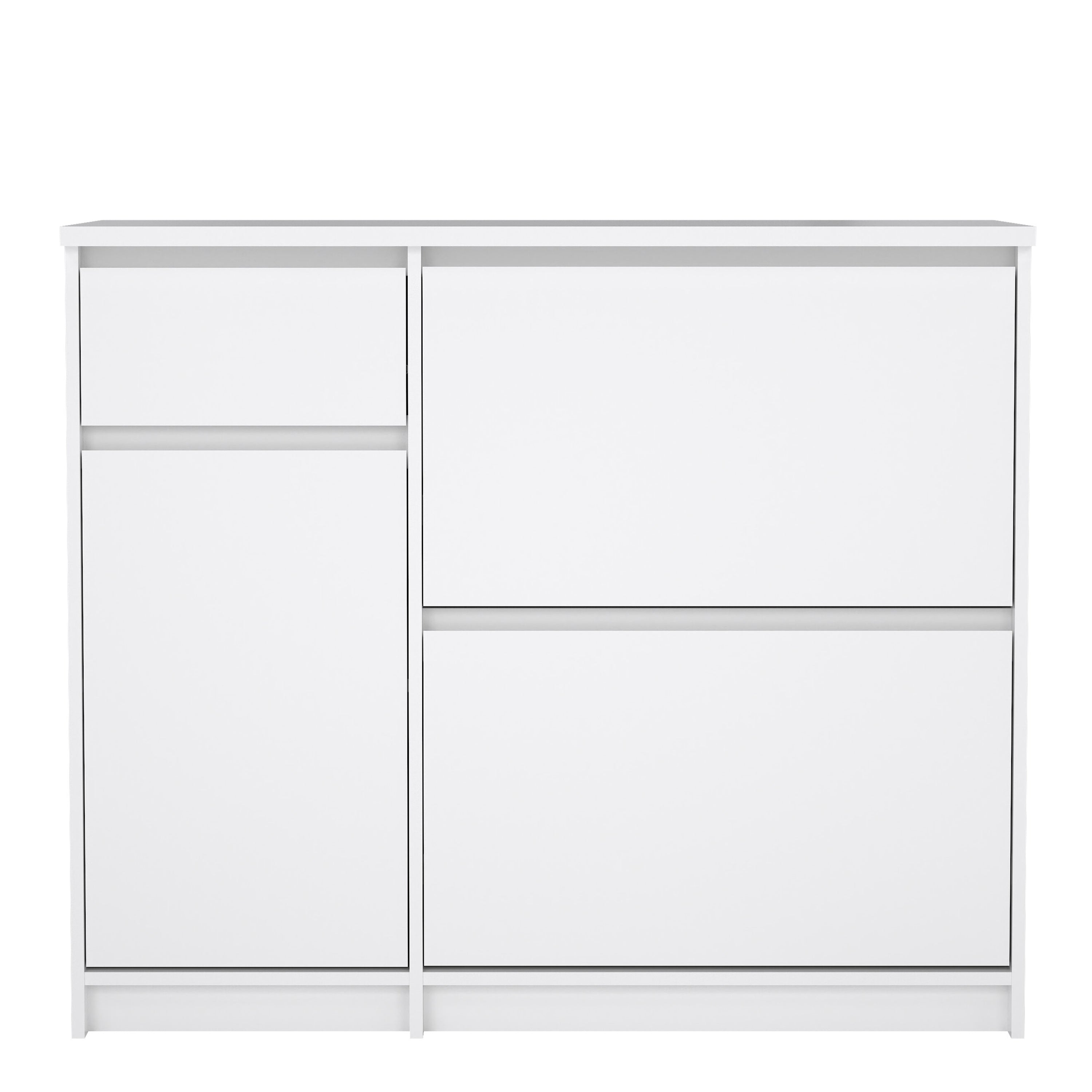 Naia Shoe Cabinet with 2 Flip Down Doors 1 Door and 1 Drawer in White High Gloss