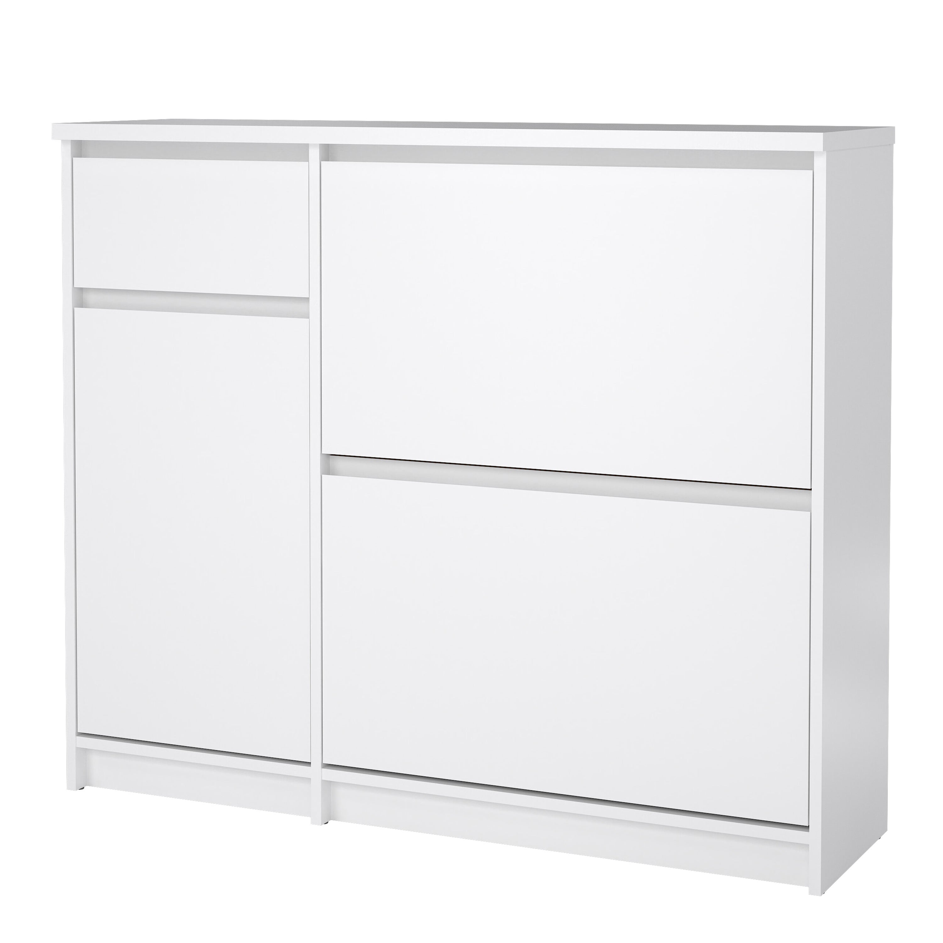 Naia Shoe Cabinet with 2 Flip Down Doors 1 Door and 1 Drawer in White High Gloss
