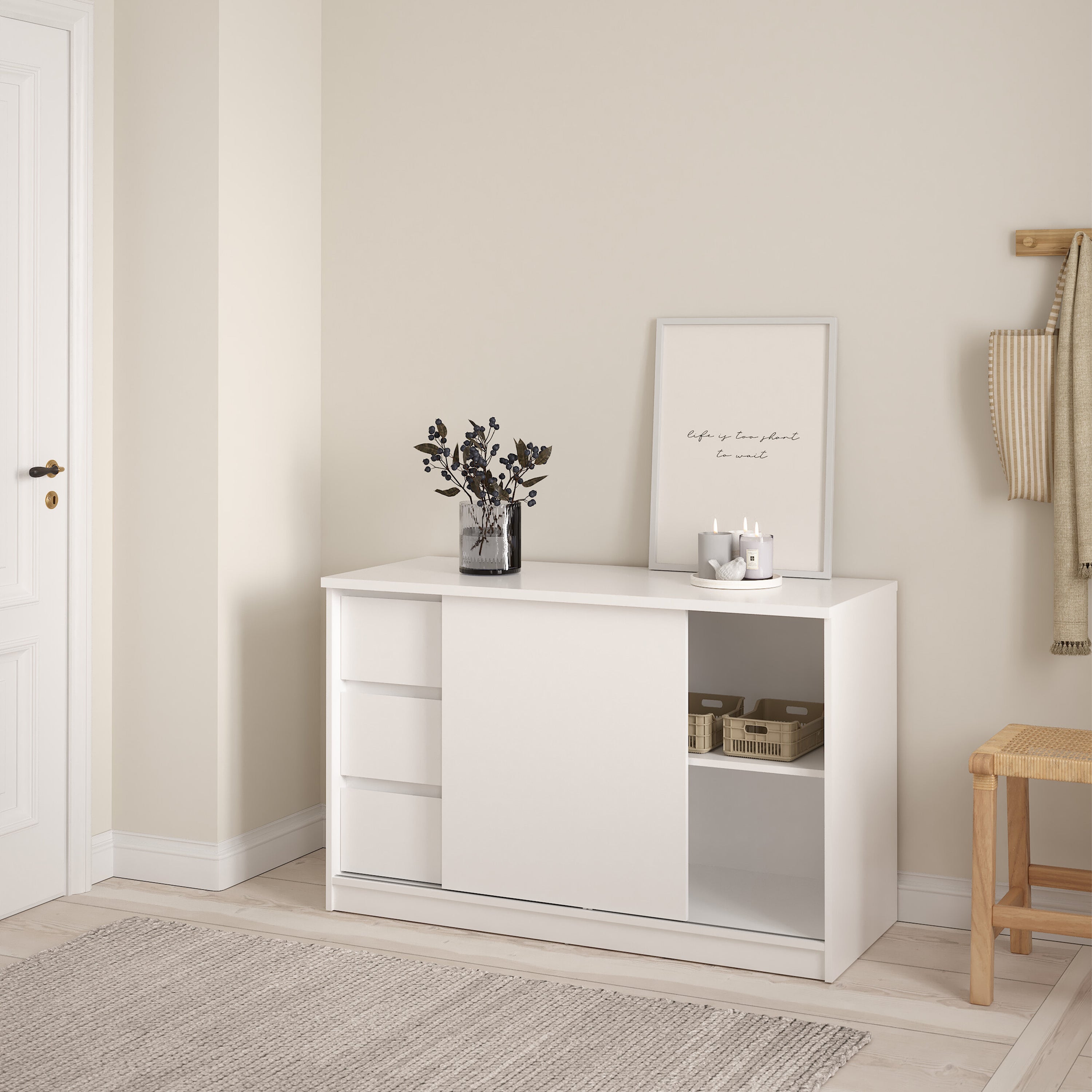 Naia Storage Unit with 1 Sliding Door and 3 Drawers in White High Gloss