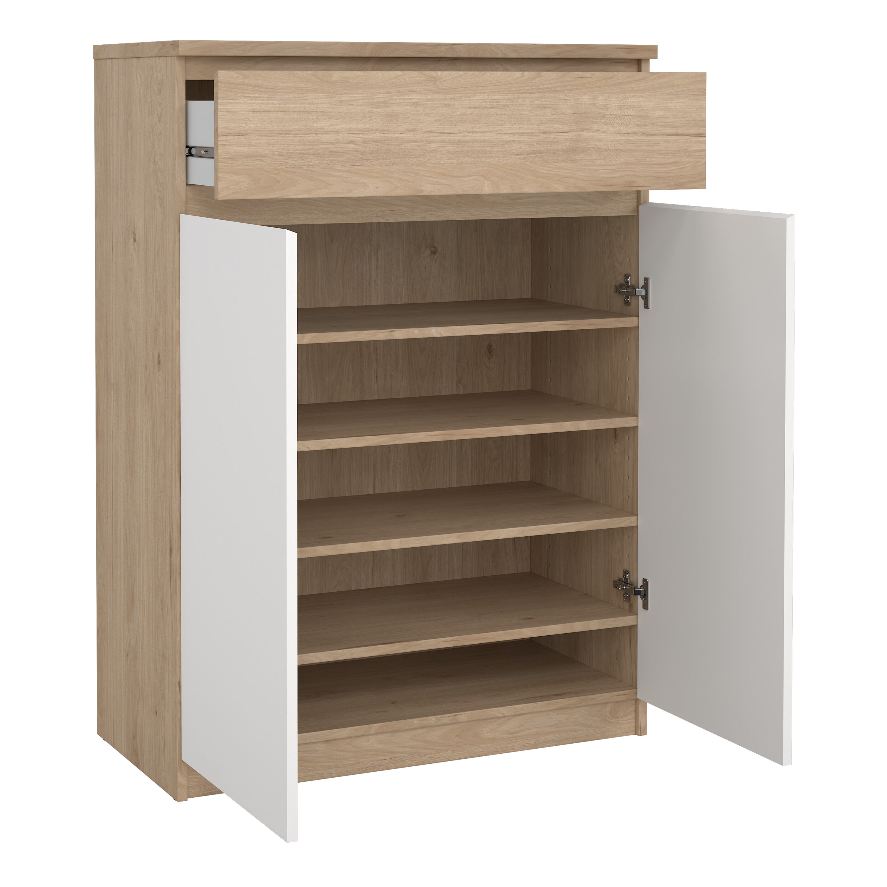 Naia Shoe Cabinet with 2 Doors 1 Drawer in Jackson Hickory Oak and White