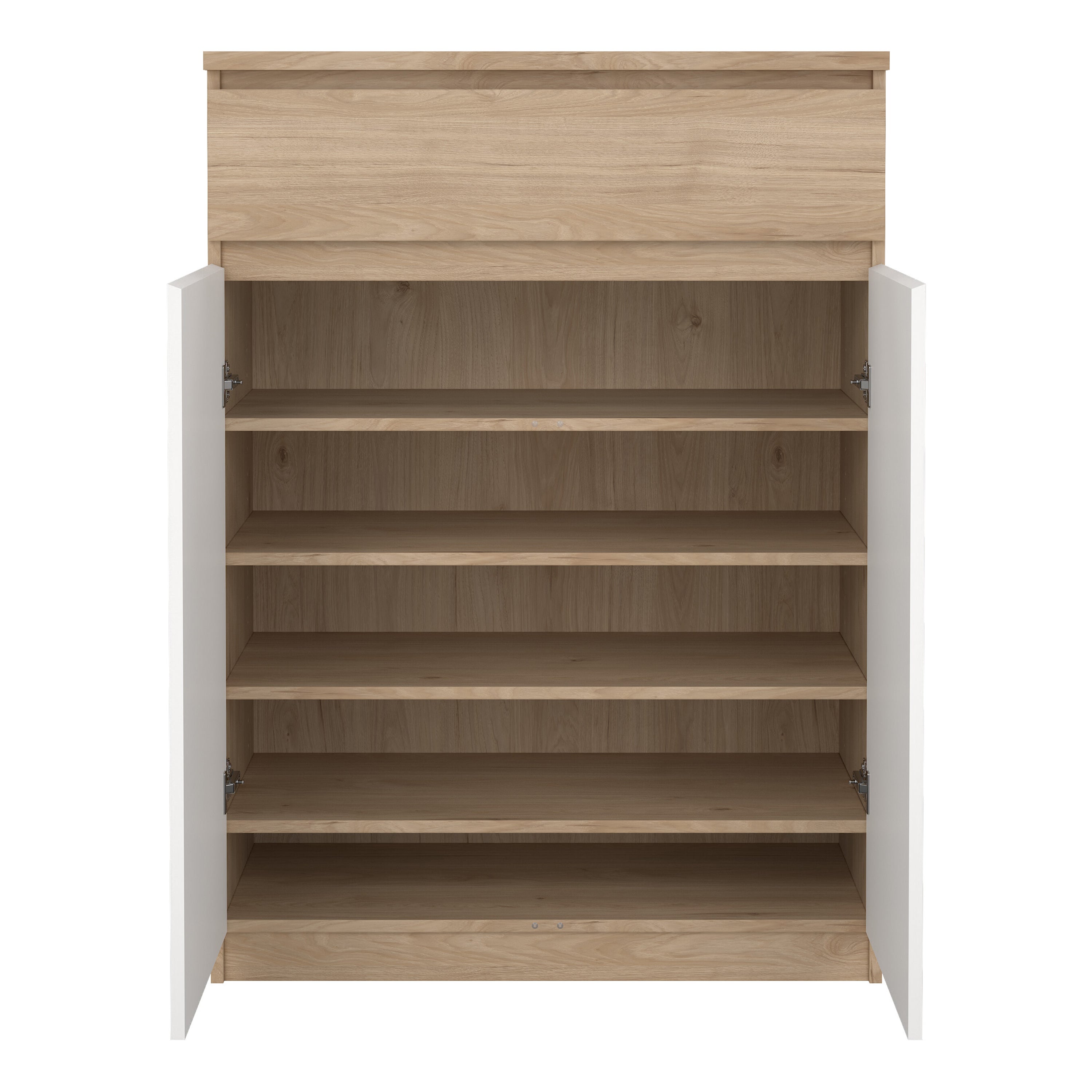 Naia Shoe Cabinet with 2 Doors 1 Drawer in Jackson Hickory Oak and White