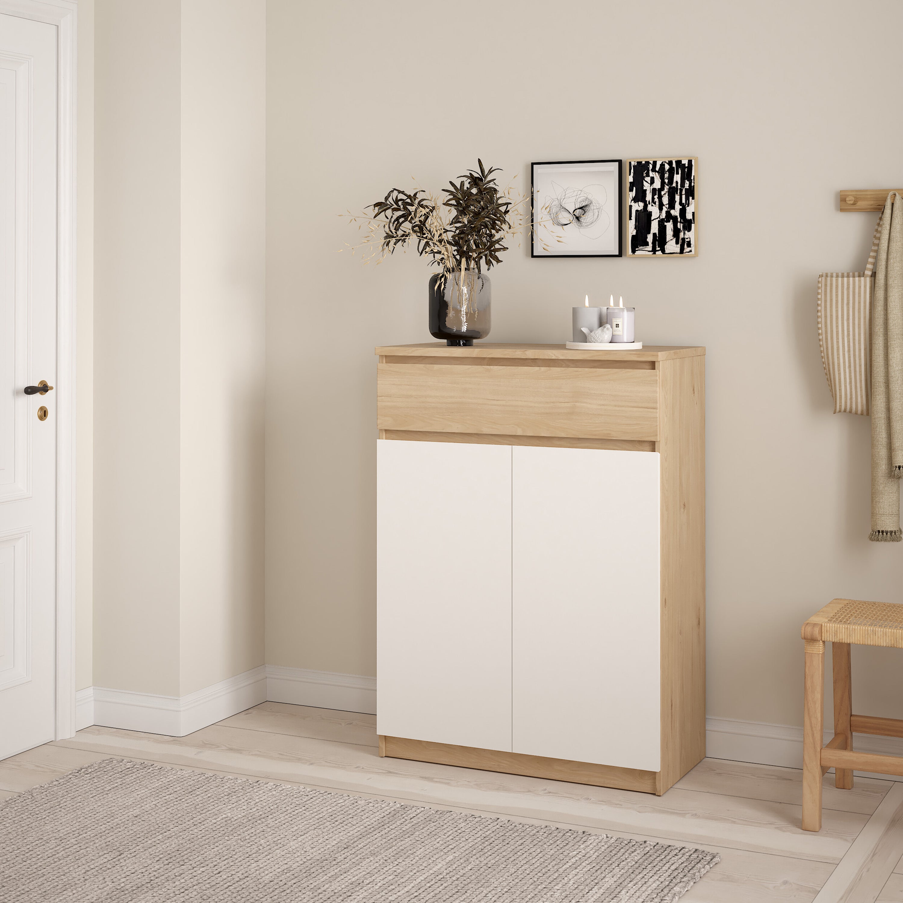 Naia Shoe Cabinet with 2 Doors 1 Drawer in Jackson Hickory Oak and White