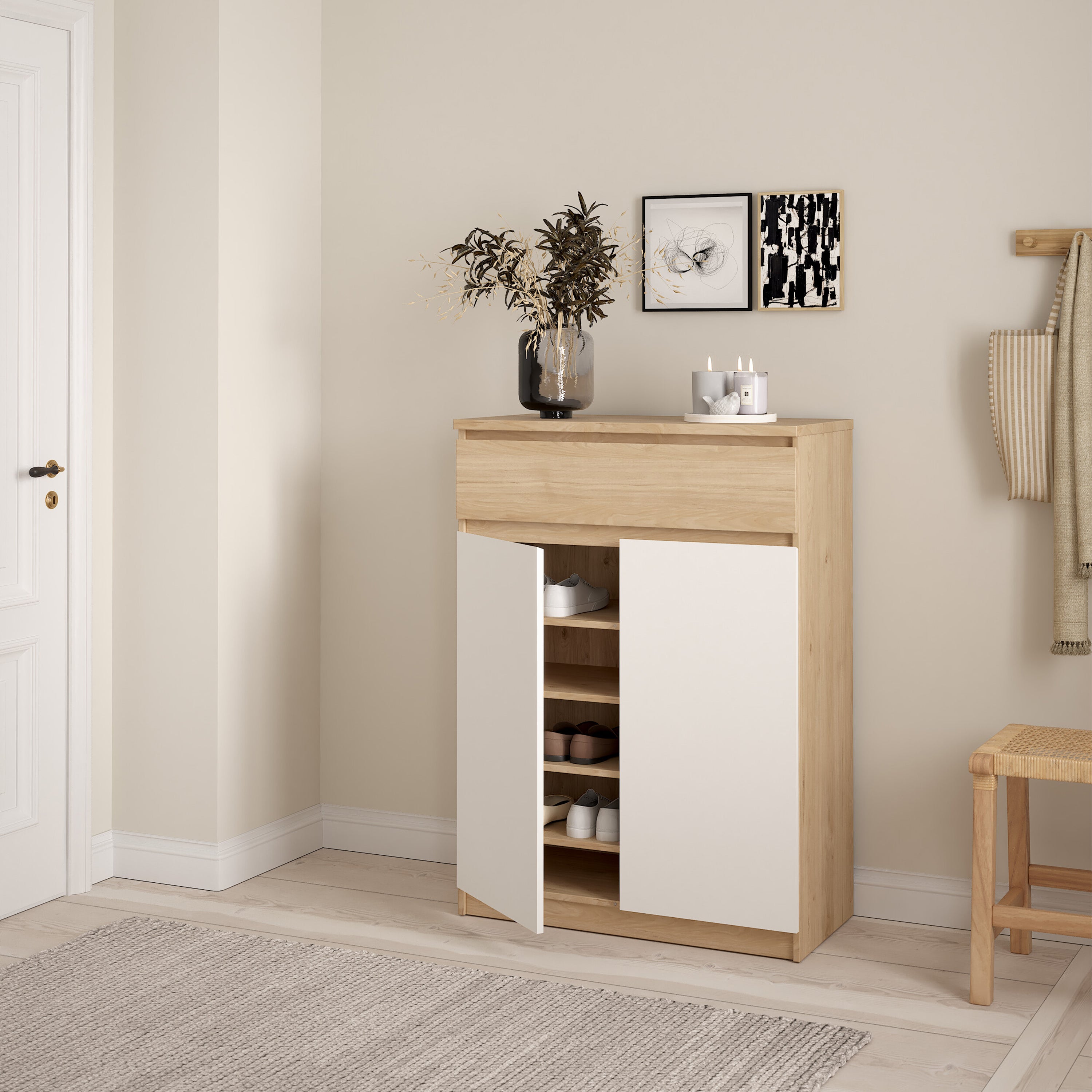 Naia Shoe Cabinet with 2 Doors 1 Drawer in Jackson Hickory Oak and White