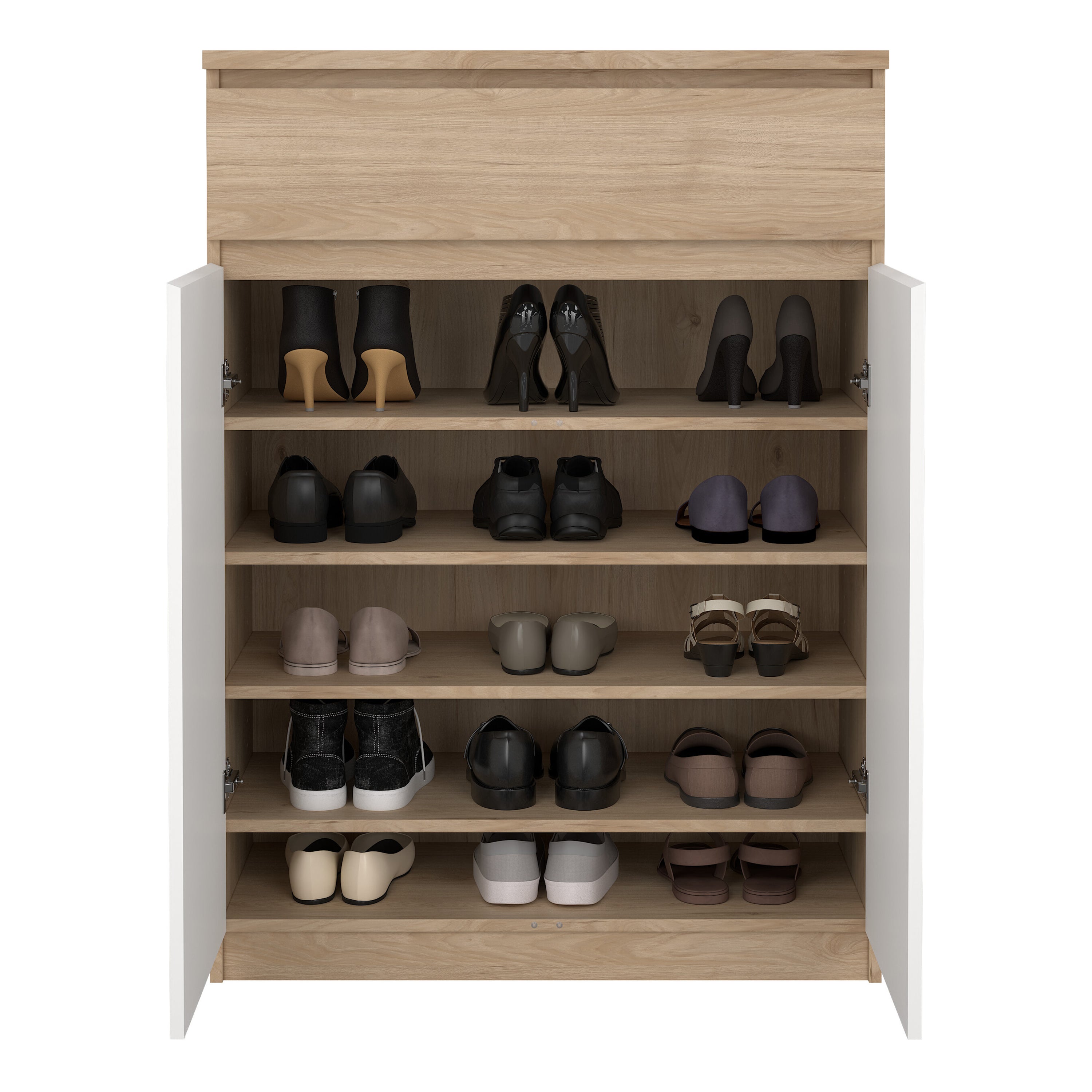 Naia Shoe Cabinet with 2 Doors 1 Drawer in Jackson Hickory Oak and White