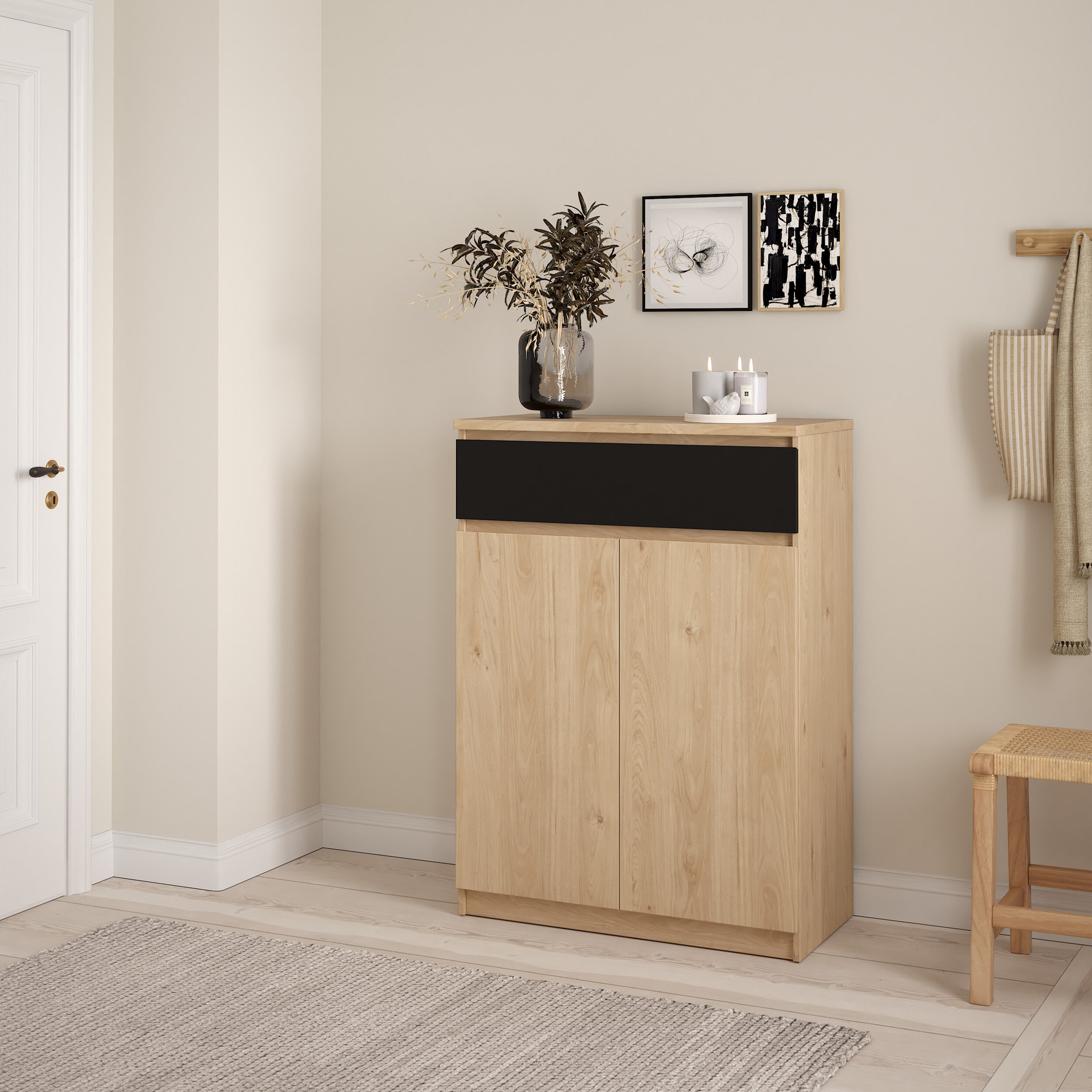 Naia Shoe Cabinet with 2 Doors 1 Drawer in Jackson Hickory Oak and Black