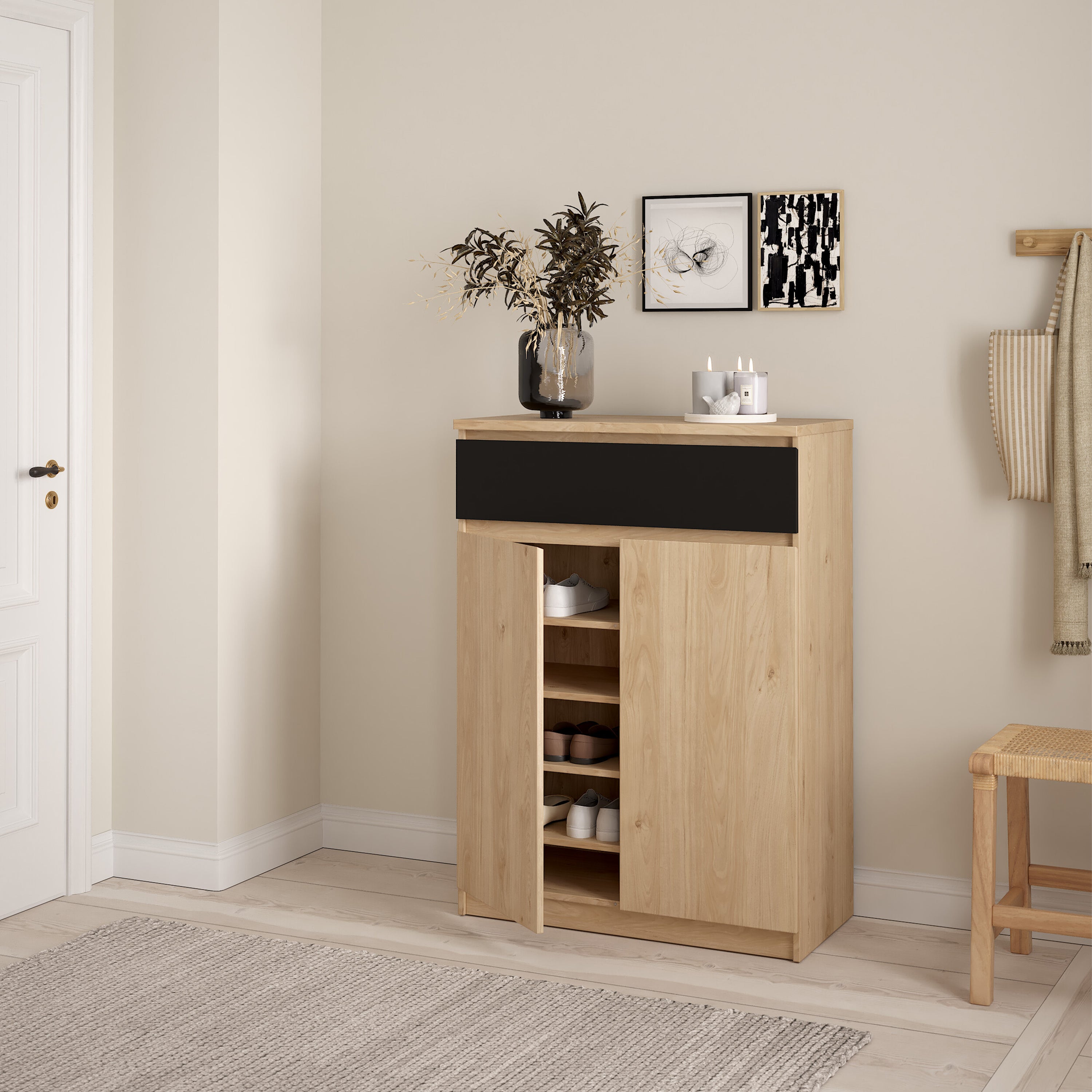 Naia Shoe Cabinet with 2 Doors 1 Drawer in Jackson Hickory Oak and Black