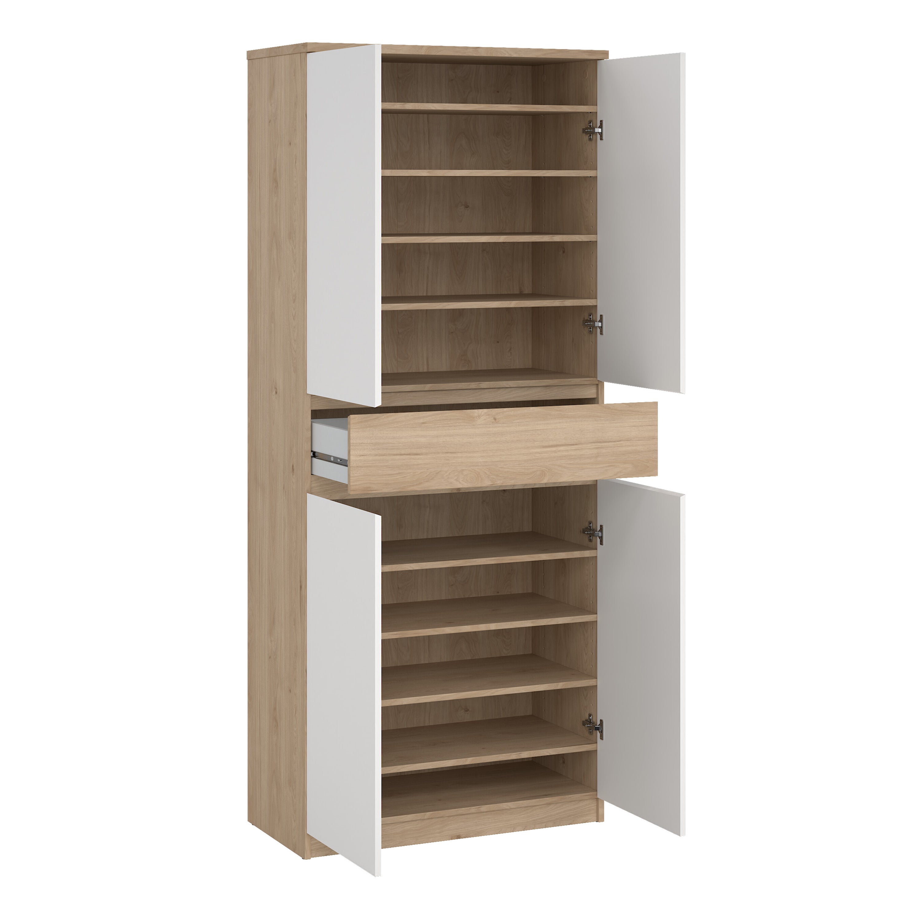 Naia Shoe Cabinet with 4 Doors 1 Drawer in Jackson Hickory Oak and White