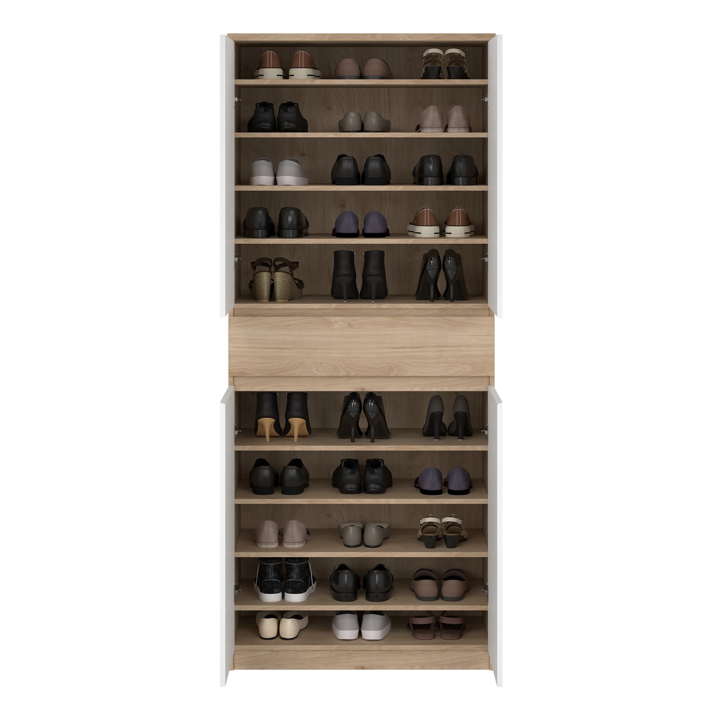 Naia Shoe Cabinet with 4 Doors 1 Drawer in Jackson Hickory Oak and White