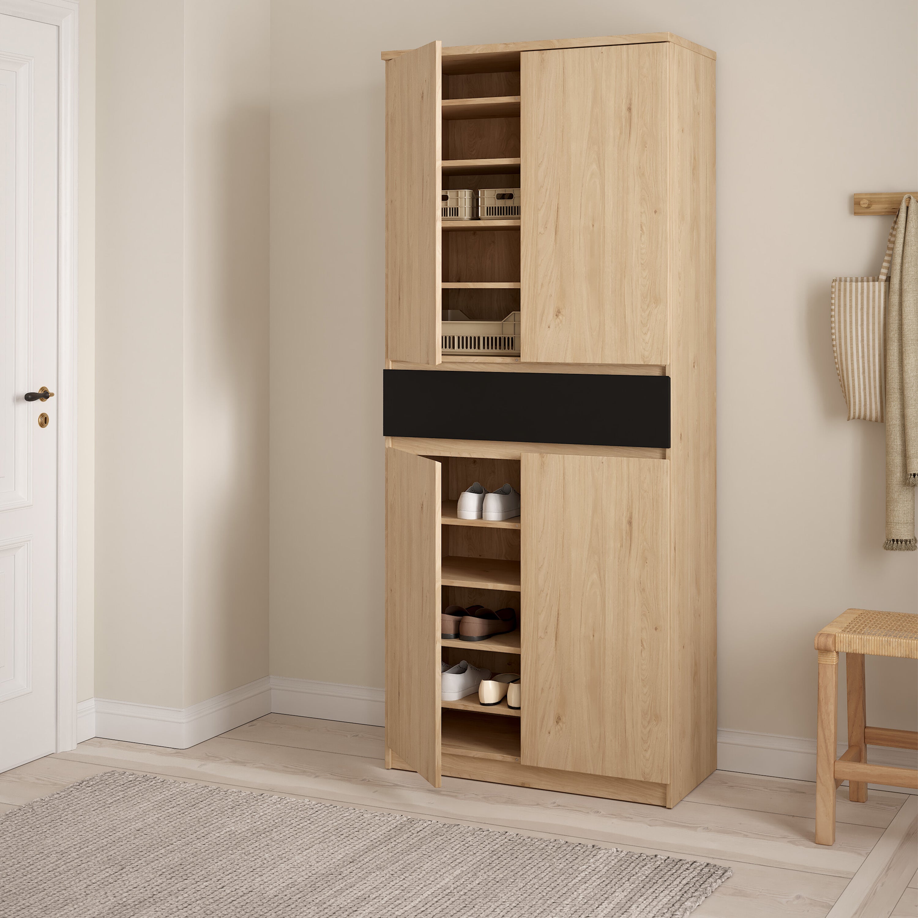 Naia Shoe Cabinet with 4 Doors 1 Drawer in Jackson Hickory Oak and Black