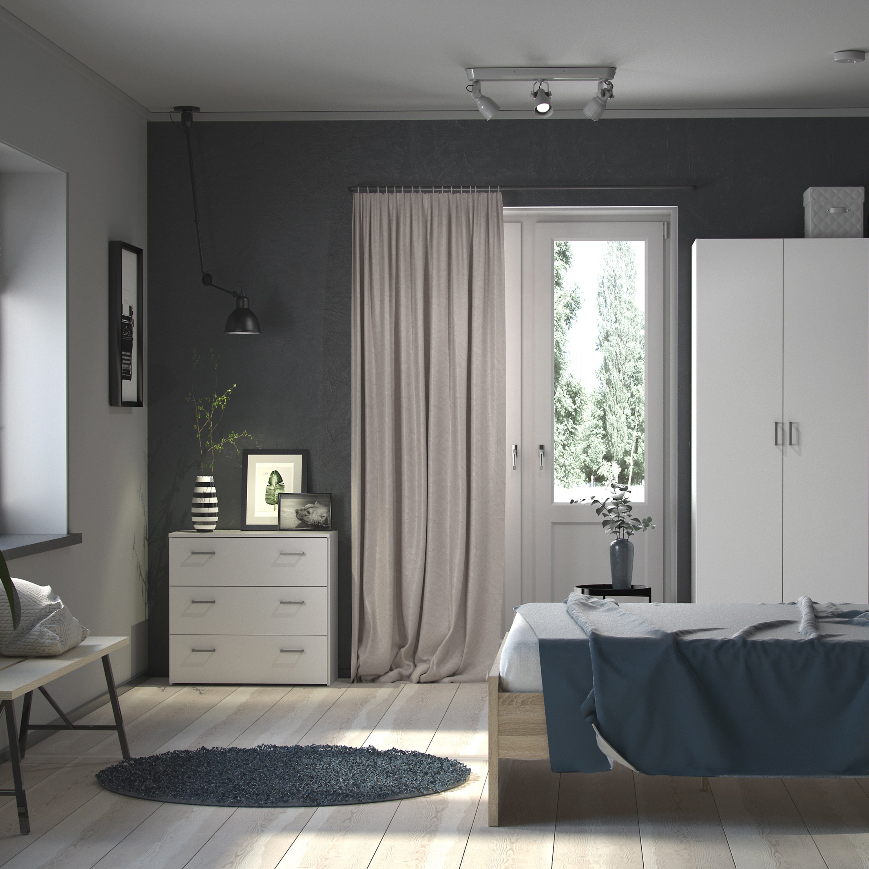 Space Package - Bedside 1 Drawer + Chest of 3 Drawers + Wardrobe with 2 Doors in White