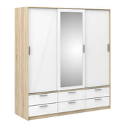 Line Wardrobe 3 Doors 6 Drawers in Oak with White High Gloss