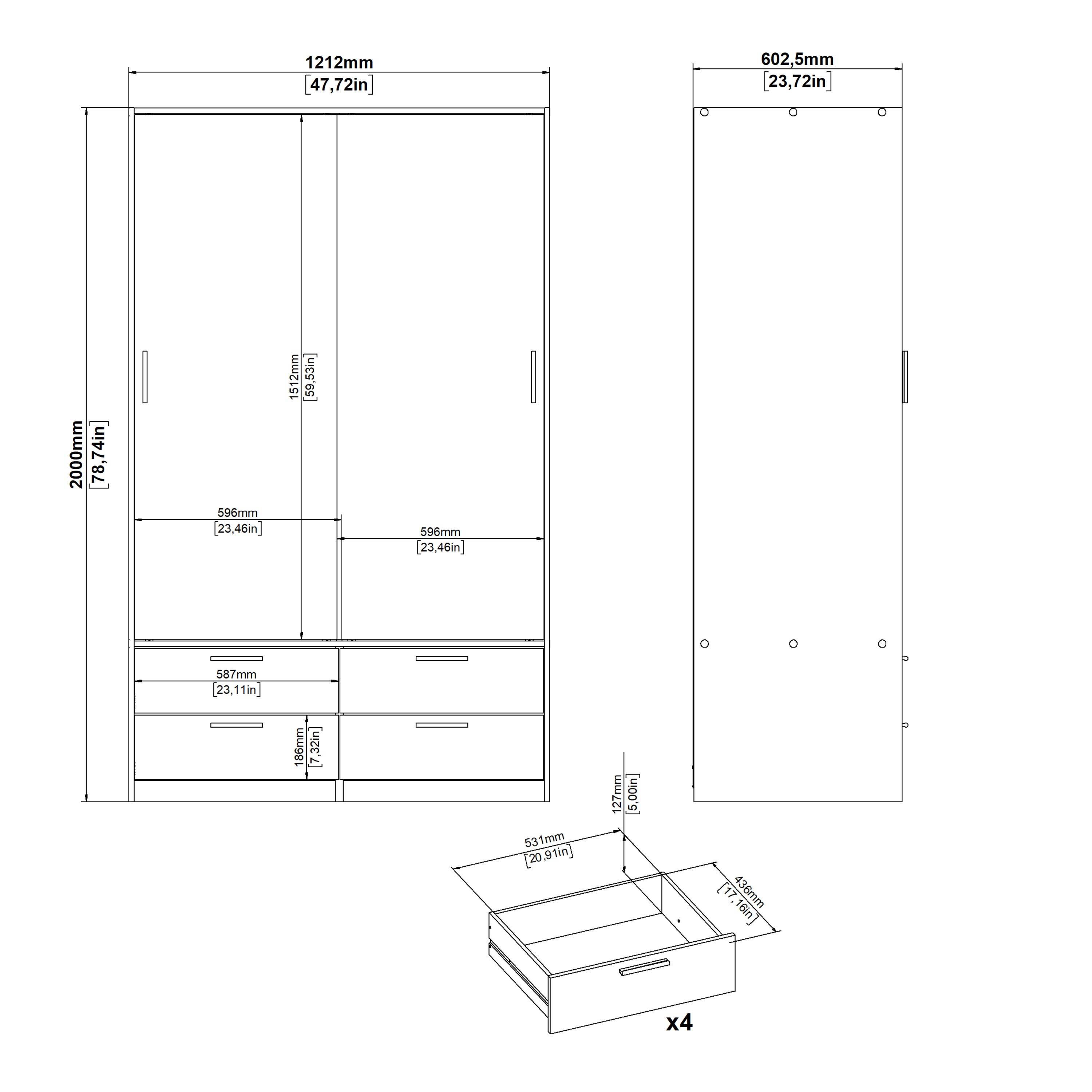 Line Wardrobe with 2 Sliding Doors and 4 Drawers, White