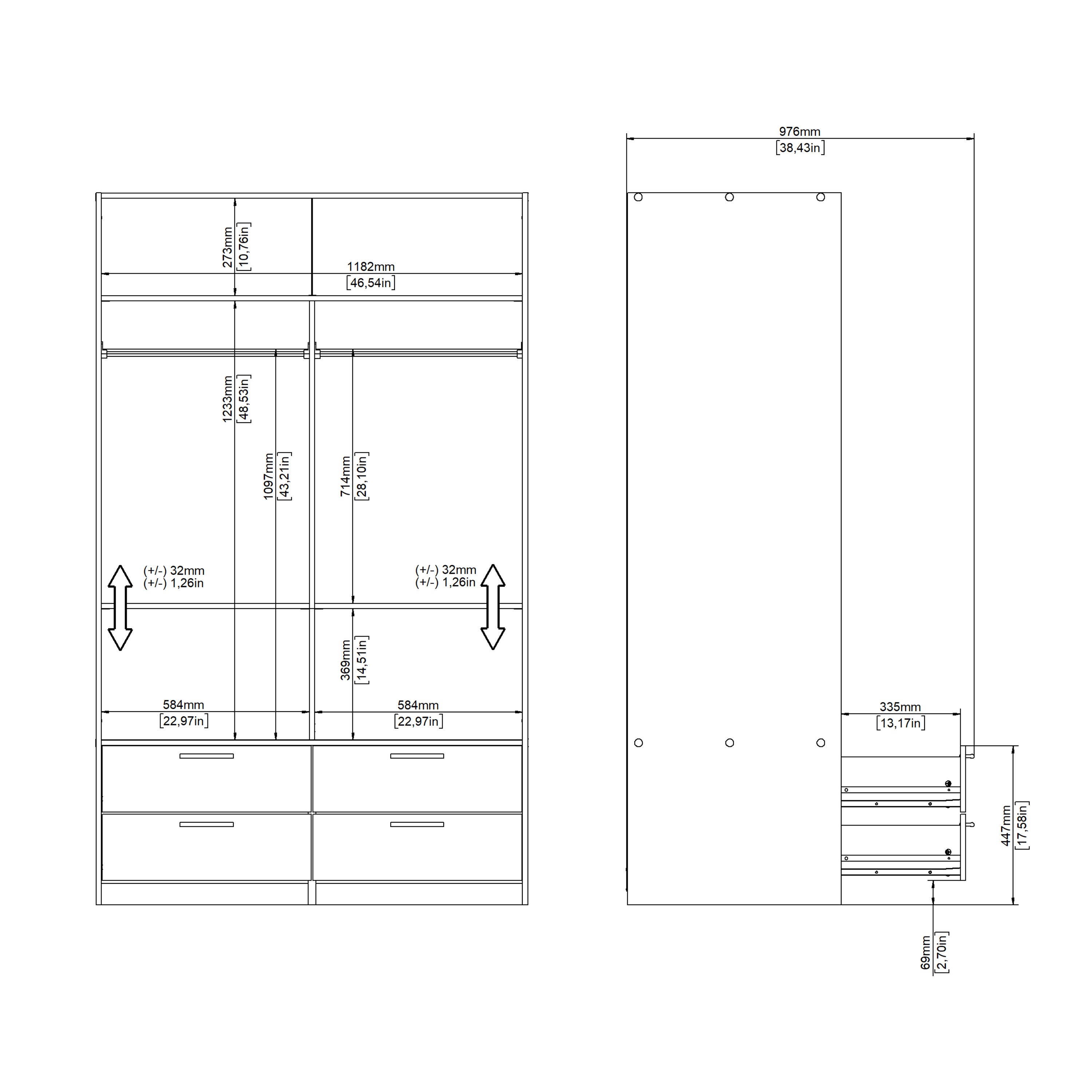 Line Wardrobe with 2 Sliding Doors and 4 Drawers, White