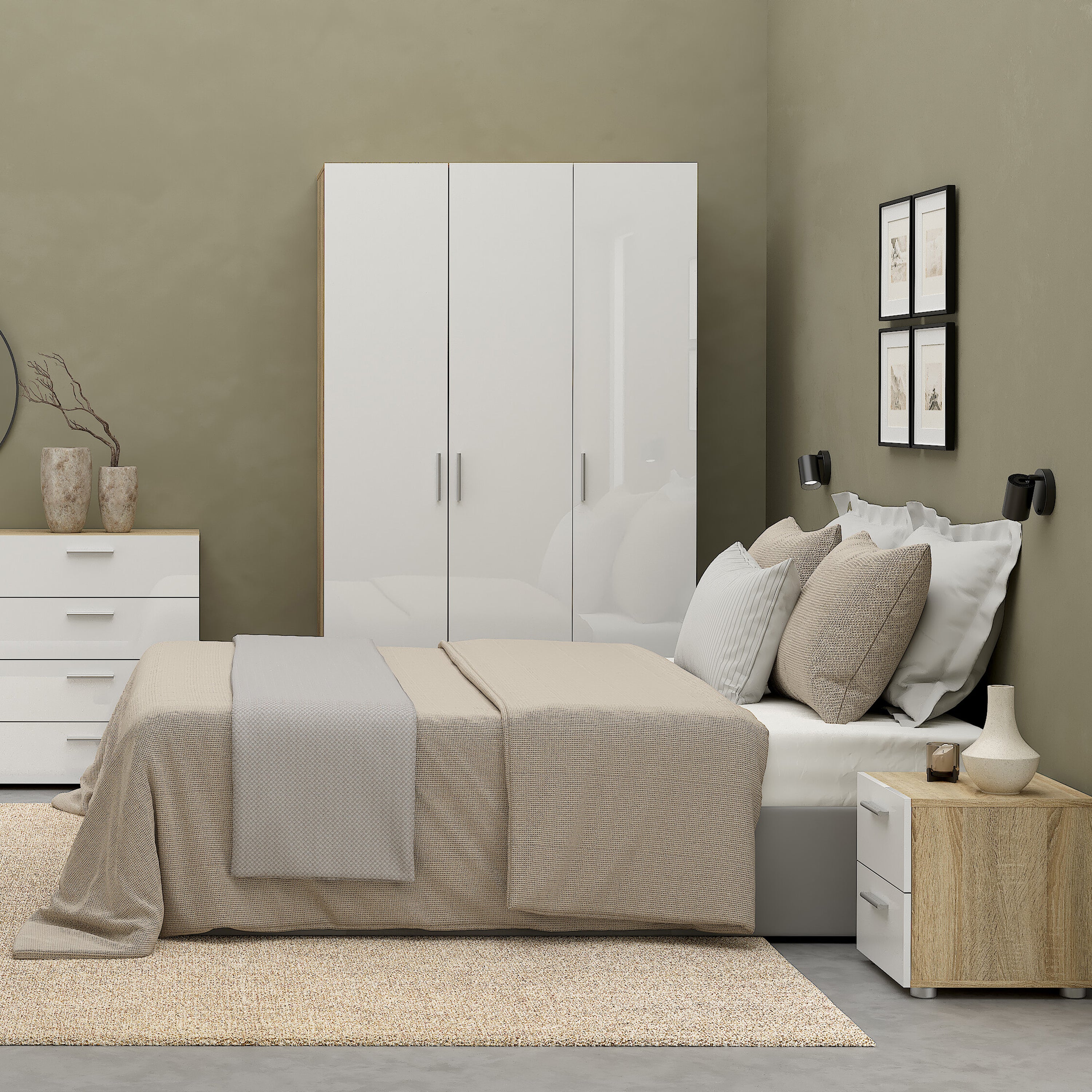 Pepe Wardrobe with 3 Doors in Oak with White High Gloss