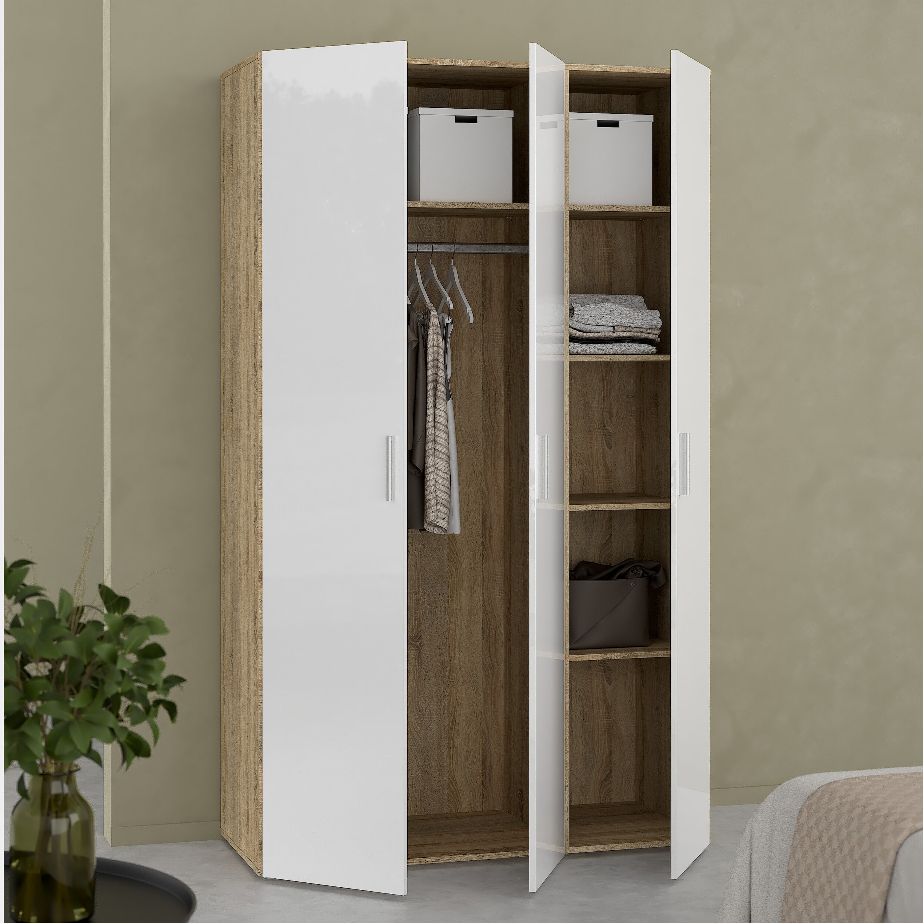 Pepe Wardrobe with 3 Doors in Oak with White High Gloss