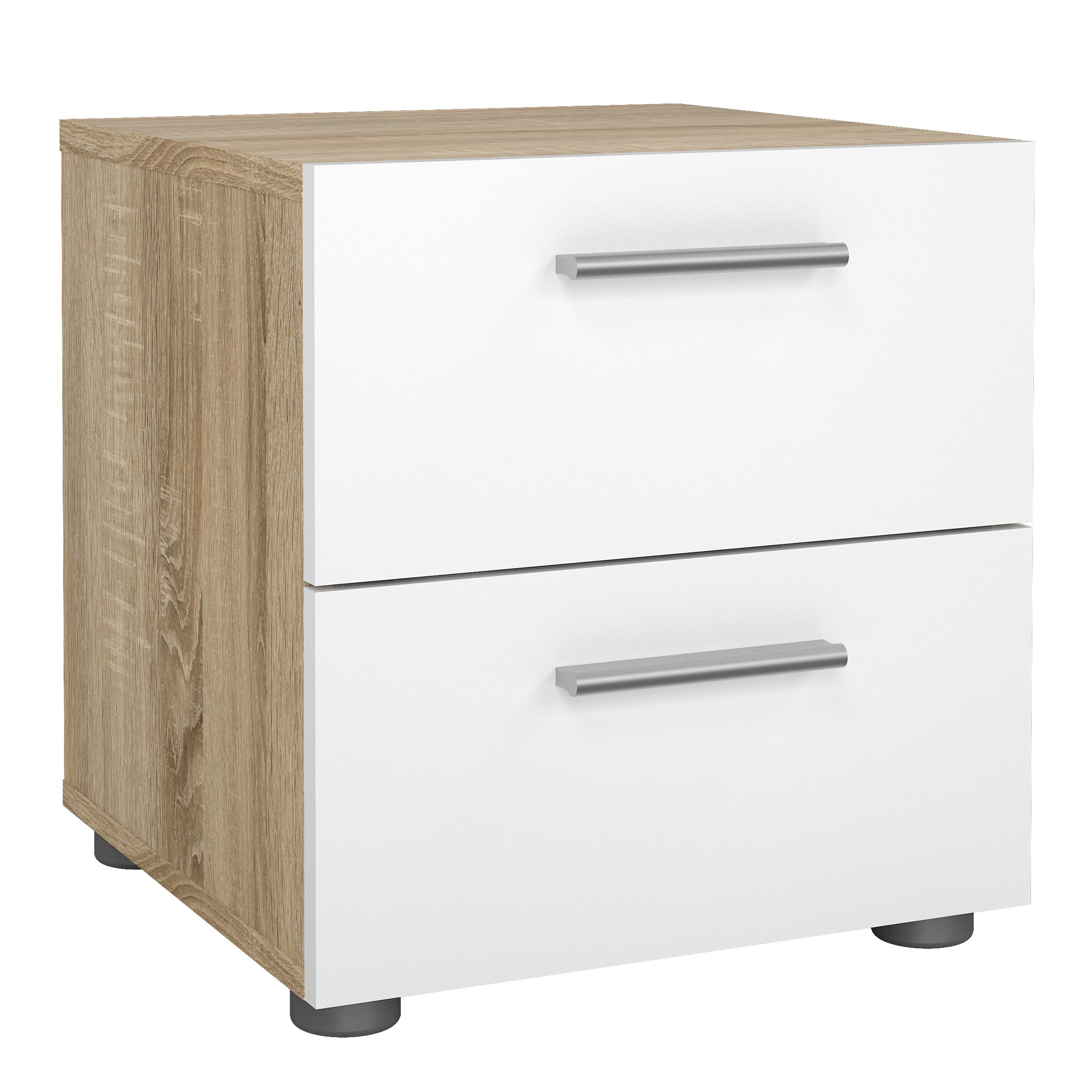 Pepe Package - Bedside 2 Drawers + Chest of 4 Drawers + Wardrobe with 2 Doors in Oak with White High Gloss