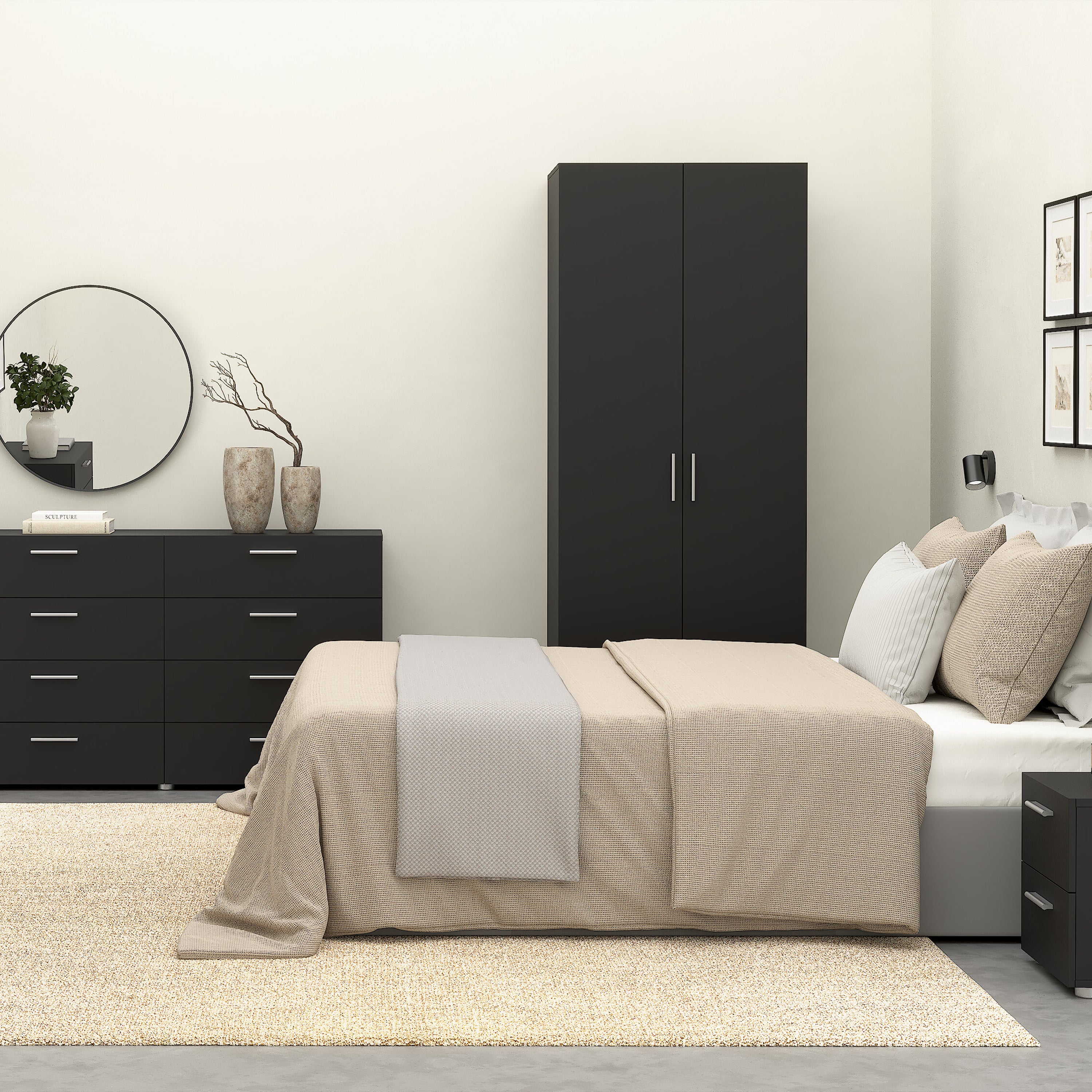 Pepe Package - Bedside 2 Drawers + Chest of 4 Drawers + Wardrobe with 2 Doors in Black