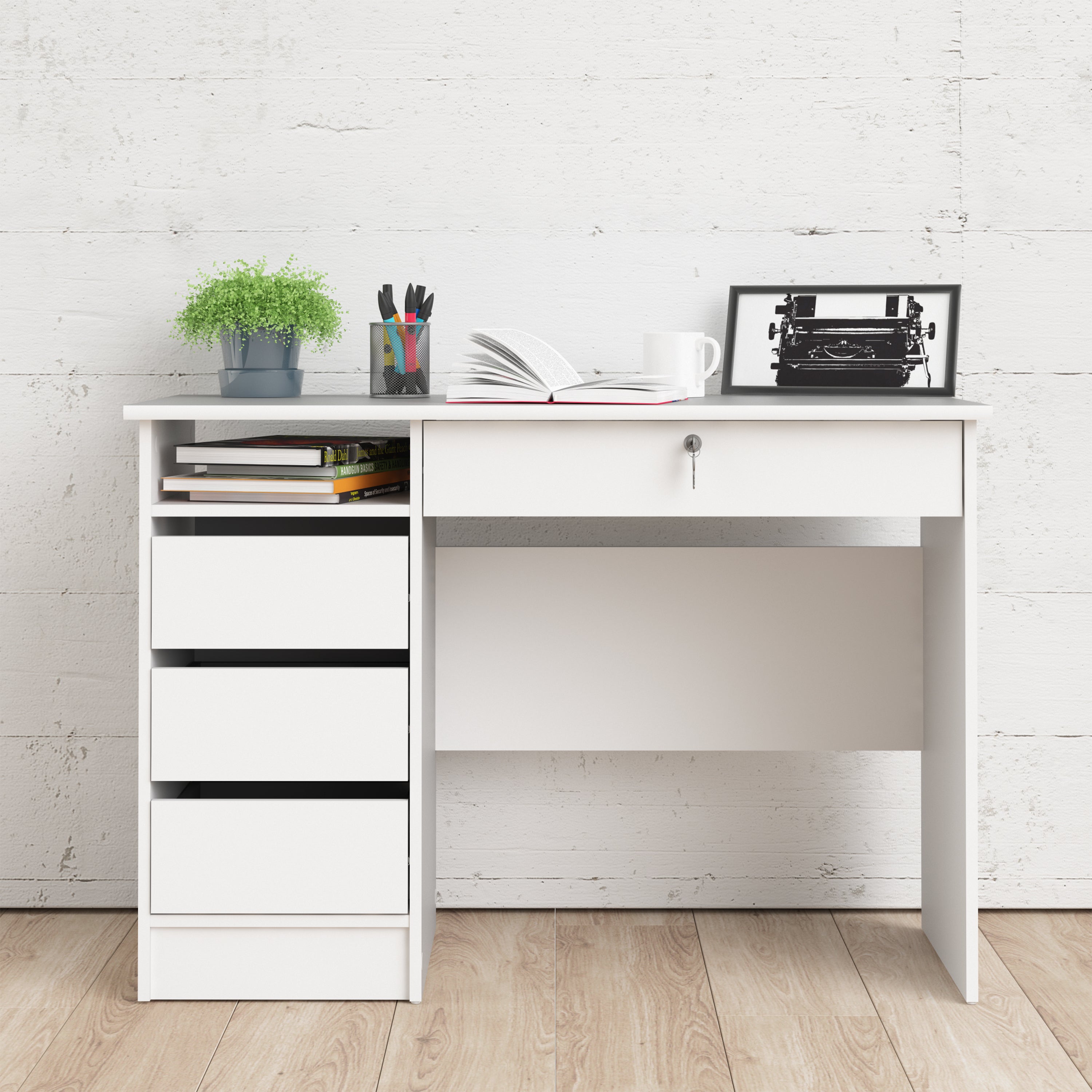 Function Plus 4 Drawer Desk Handleless Drawer in White