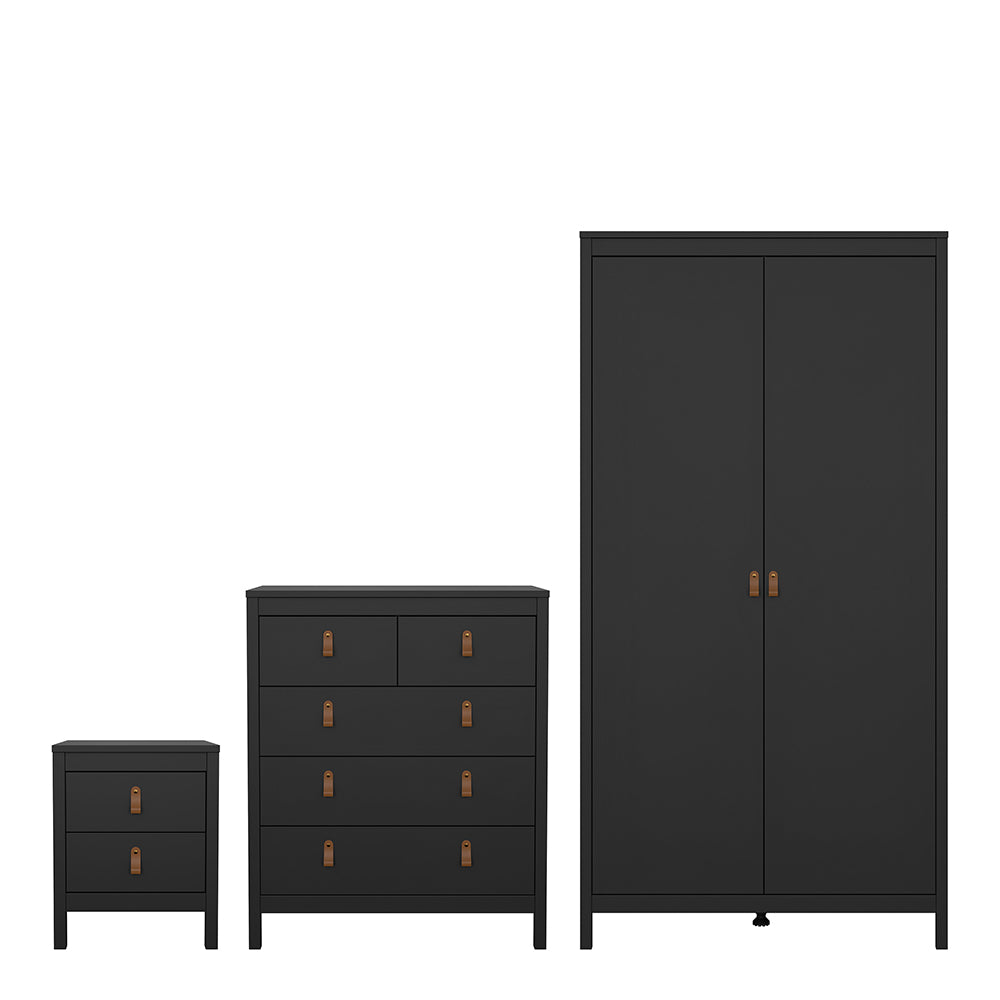 Barcelona Package - Bedside Table 2 Drawers + Chest 5 Drawers + Wardrobe with 2 Doors in Matt Black