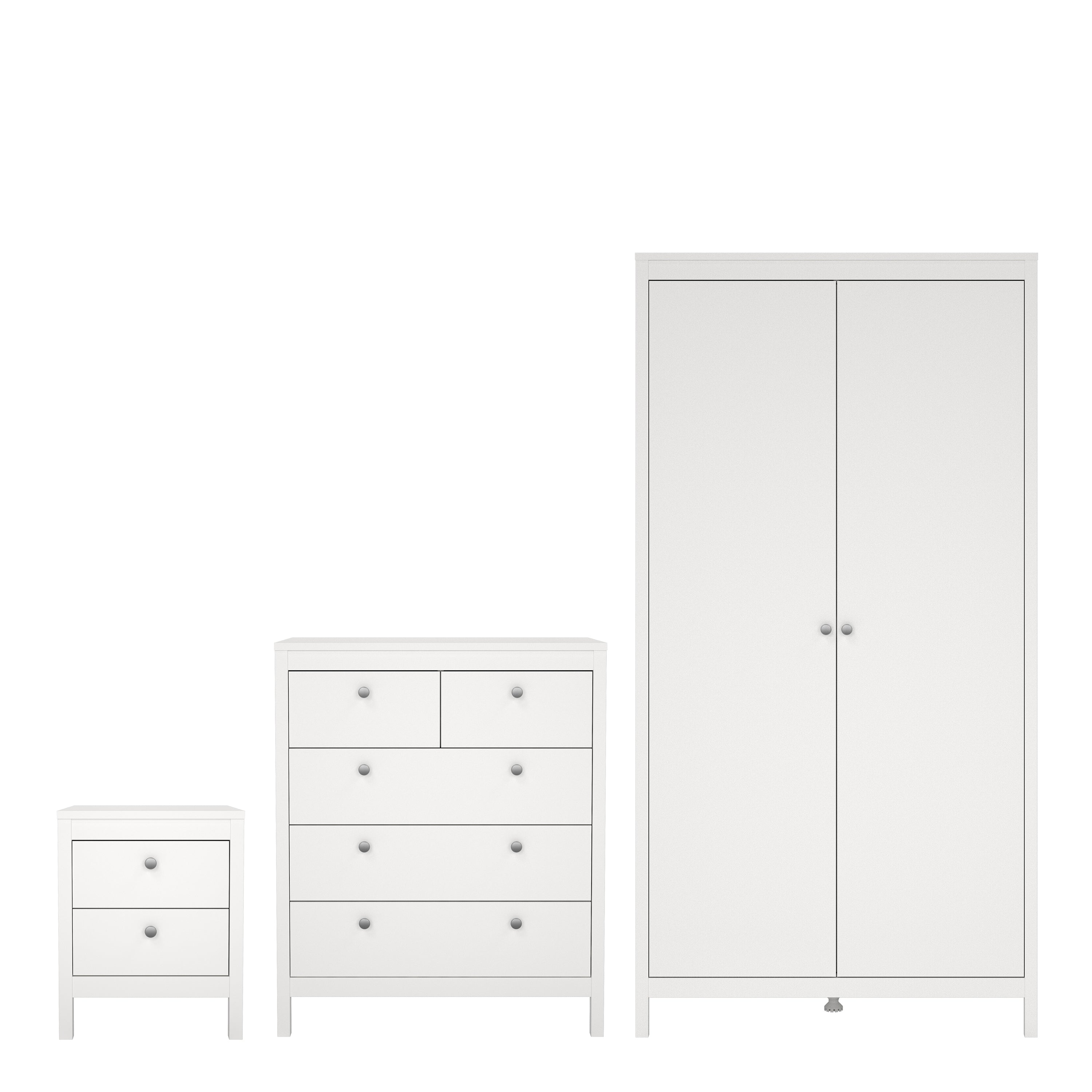 Madrid Package - Bedside Table 2 Drawers + Chest 5 Drawers + Wardrobe with 2 Doors in White