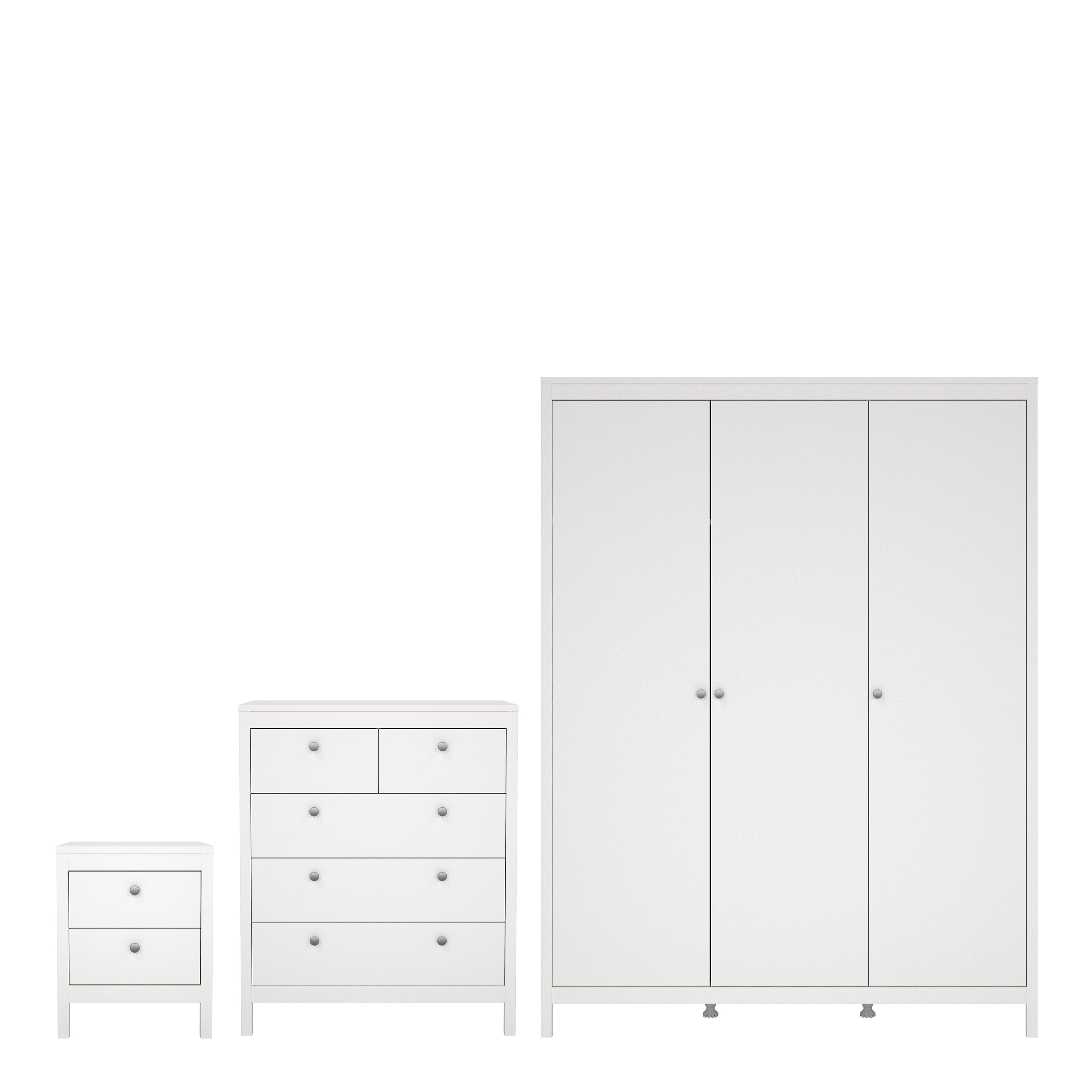 Madrid Package - Bedside Table 2 Drawers + Chest 5 Drawers + Wardrobe with 3 Doors in White