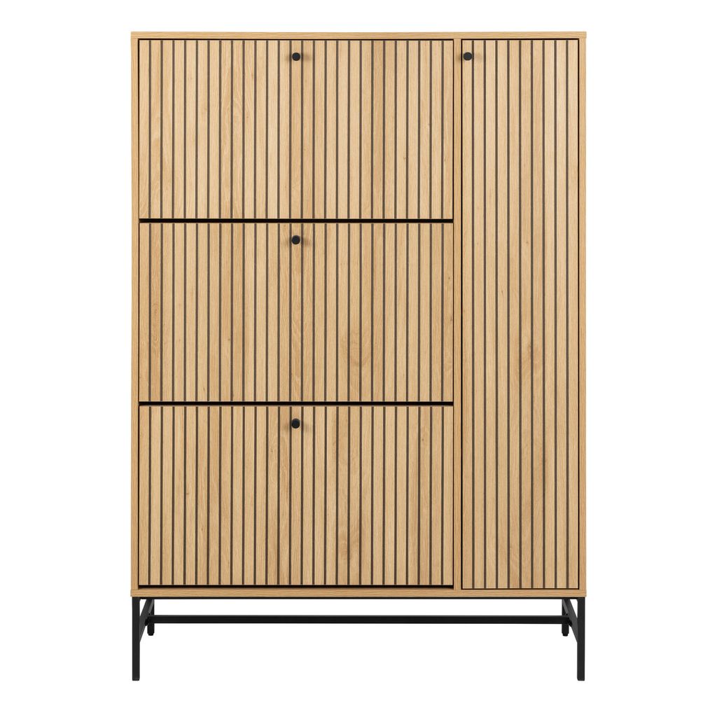 Albany Shoe Cabinet 3 Flip Down Doors 1 Pull Open Door in Oak/Black Legs