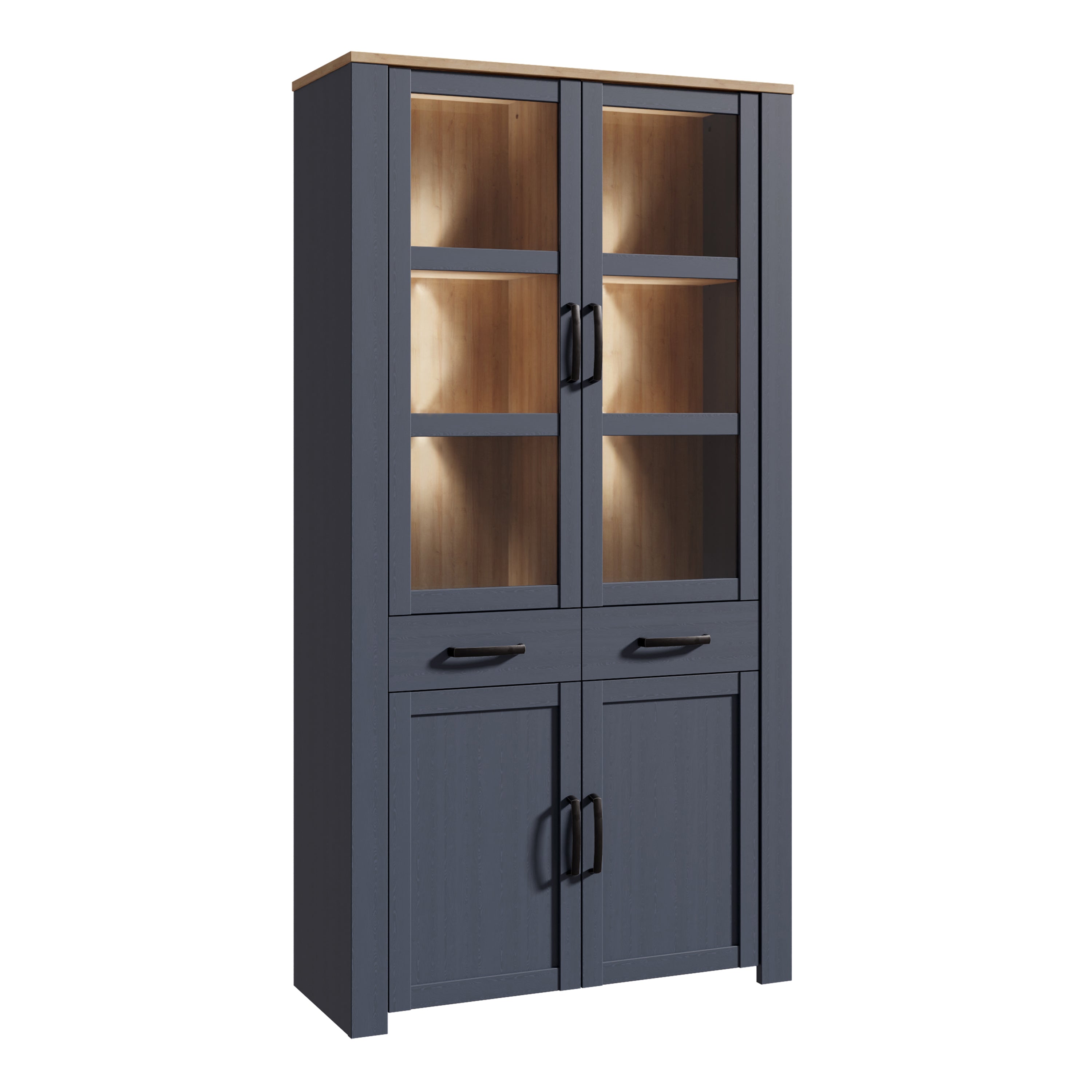 Bohol Display Cabinet 4 Door 2 Drawer in Oak/Navy inc LED Lighting