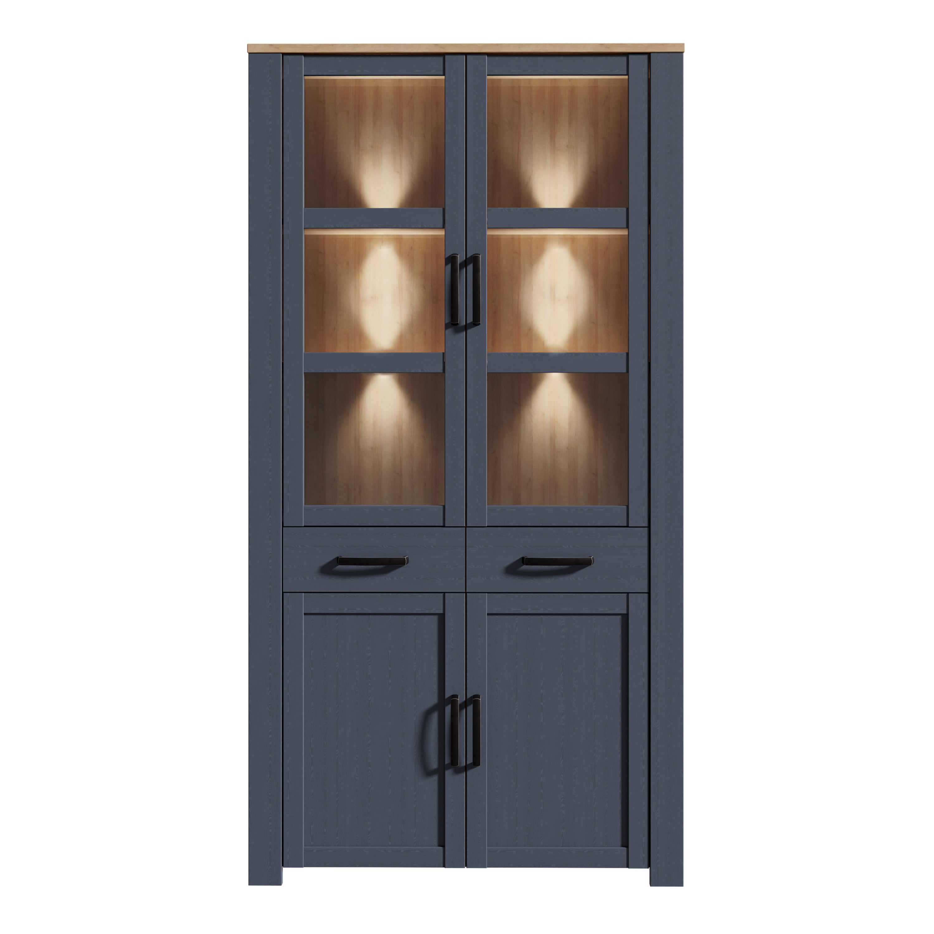 Bohol Display Cabinet 4 Door 2 Drawer in Oak/Navy inc LED Lighting