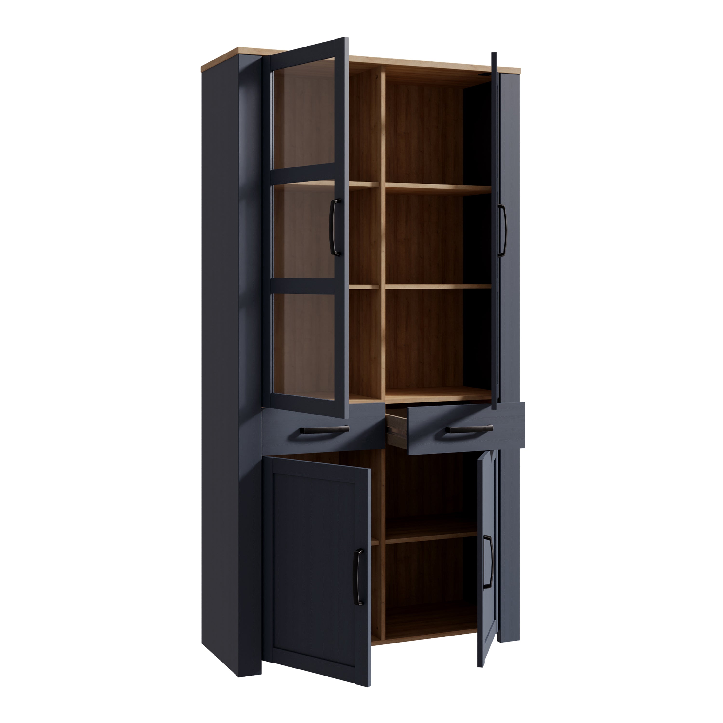 Bohol Display Cabinet 4 Door 2 Drawer in Oak/Navy