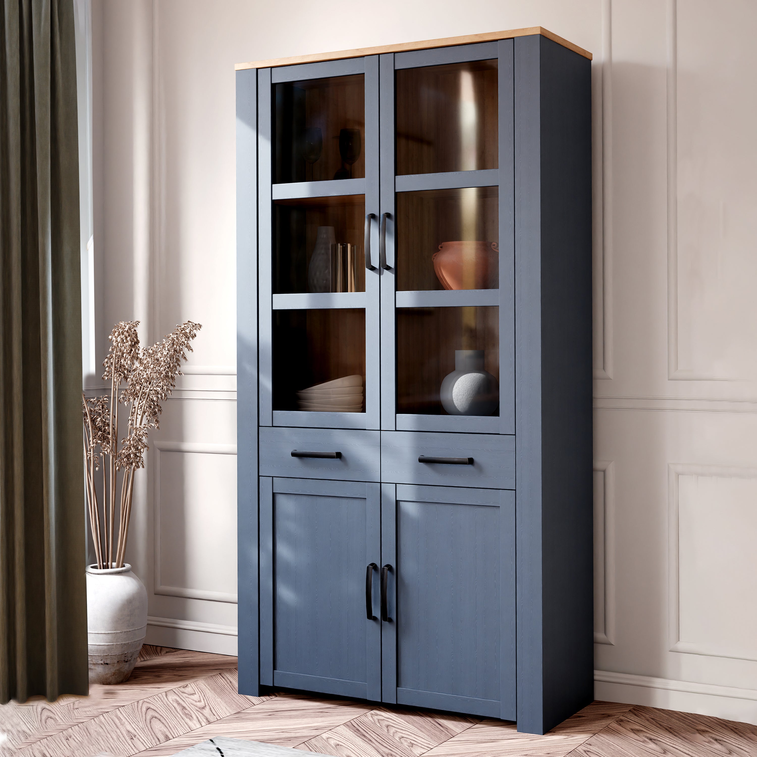 Bohol Display Cabinet 4 Door 2 Drawer in Oak/Navy