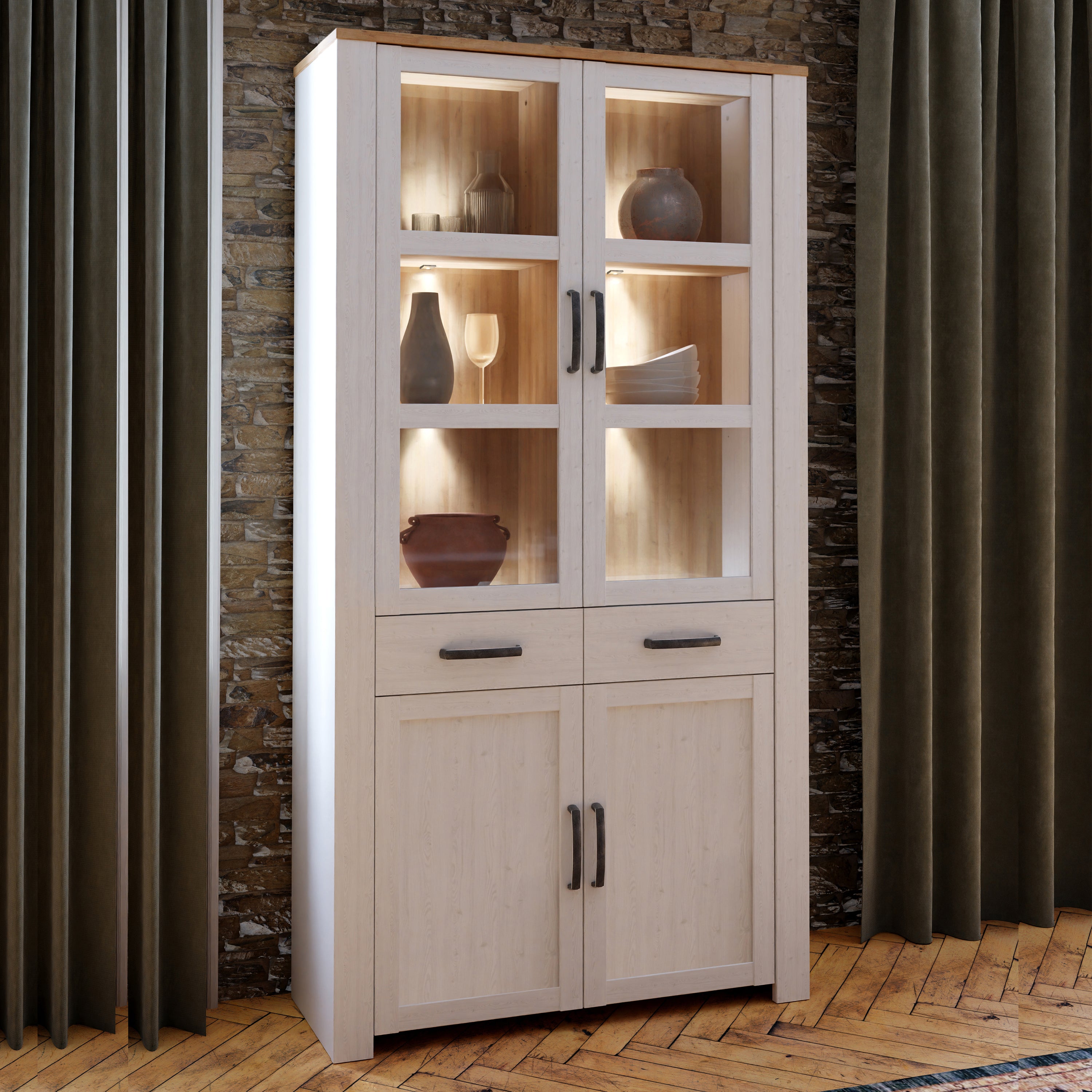 Bohol Display Cabinet 4 Door 2 Drawer in Oak/White inc LED Lighting