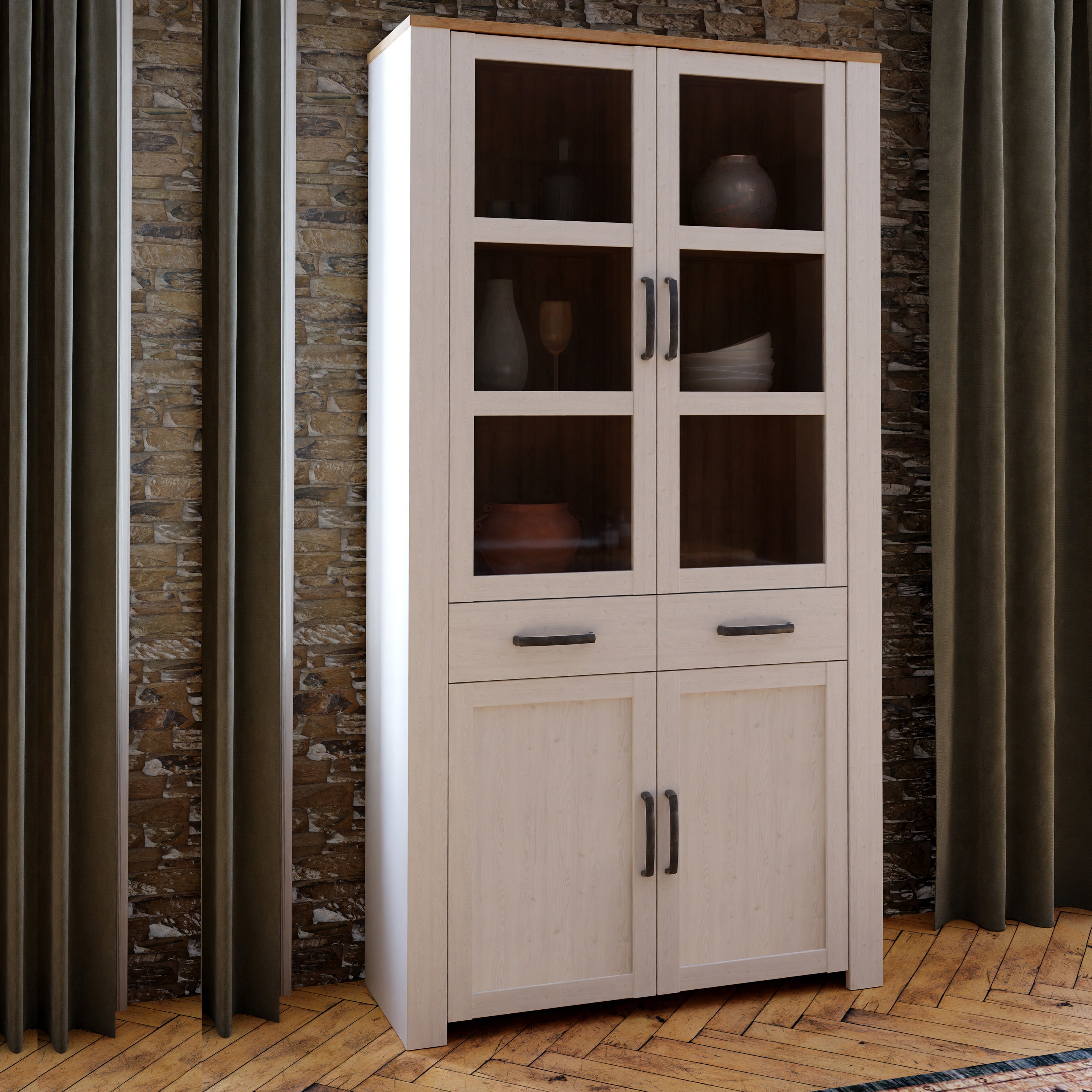 Bohol Display Cabinet 4 Door 2 Drawer in Oak/White inc LED Lighting