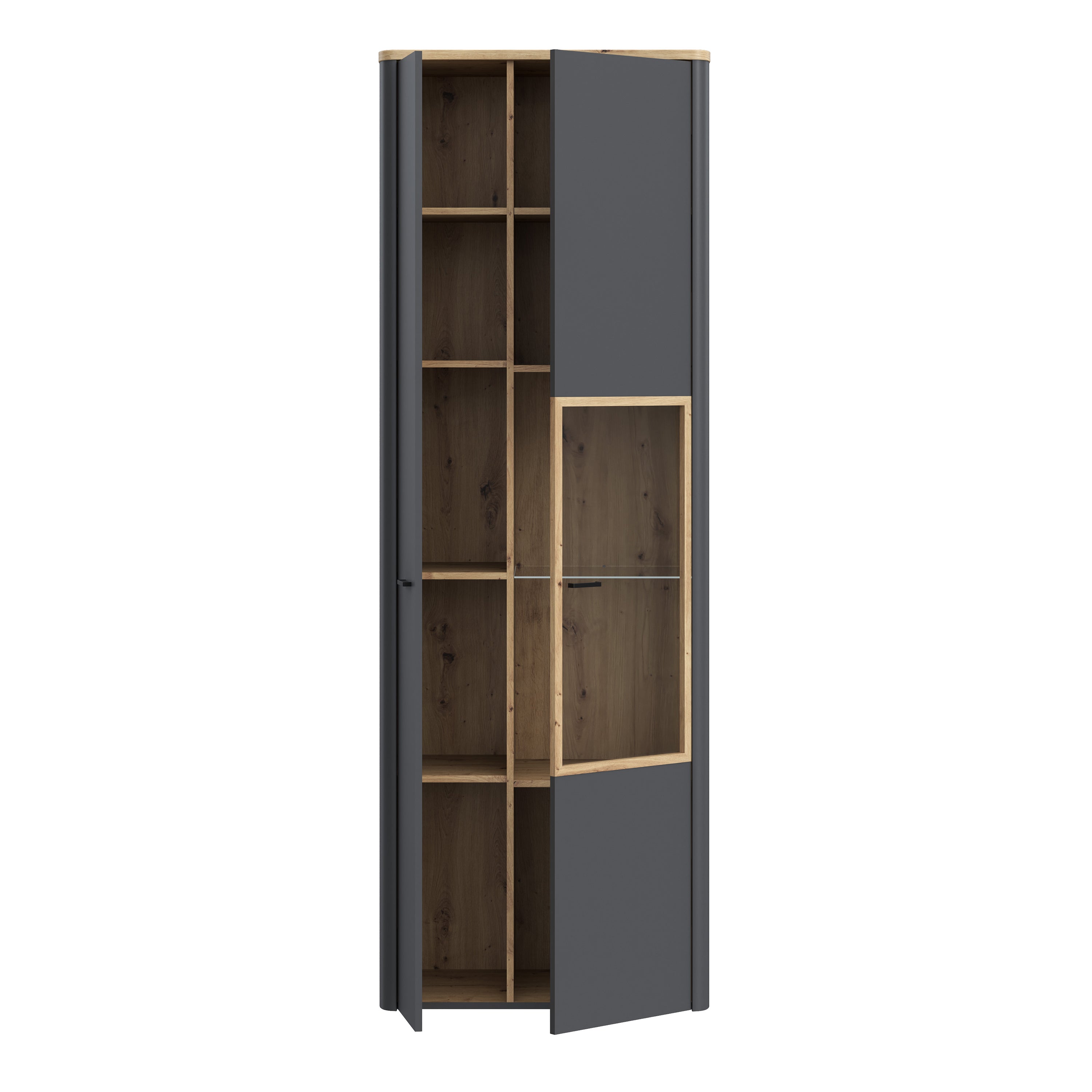 Klara Display Cabinet with 1 Door  and 1 Glass Door in Grey and Oak inc LED Lighting