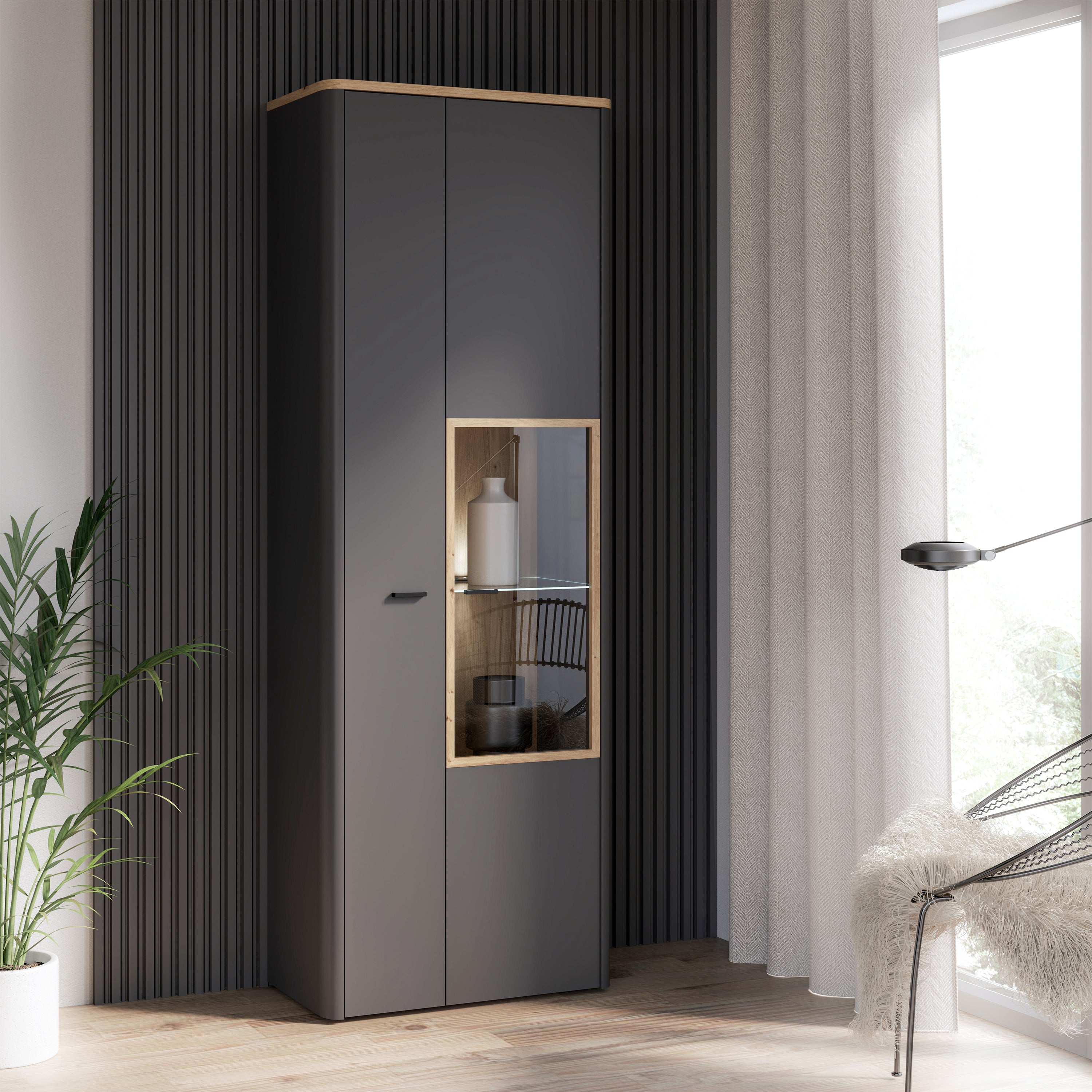 Klara Display Cabinet with 1 Door  and 1 Glass Door in Grey and Oak inc LED Lighting