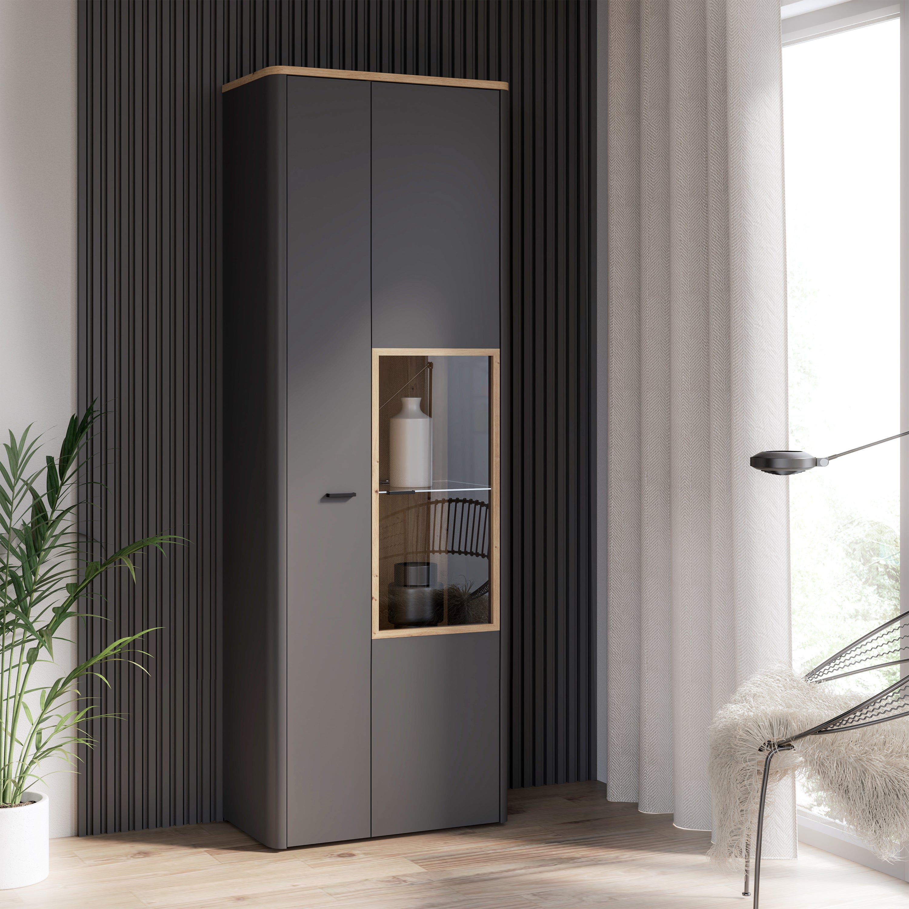 Klara Display Cabinet with 1 Door  and 1 Glass Door in Grey and Oak
