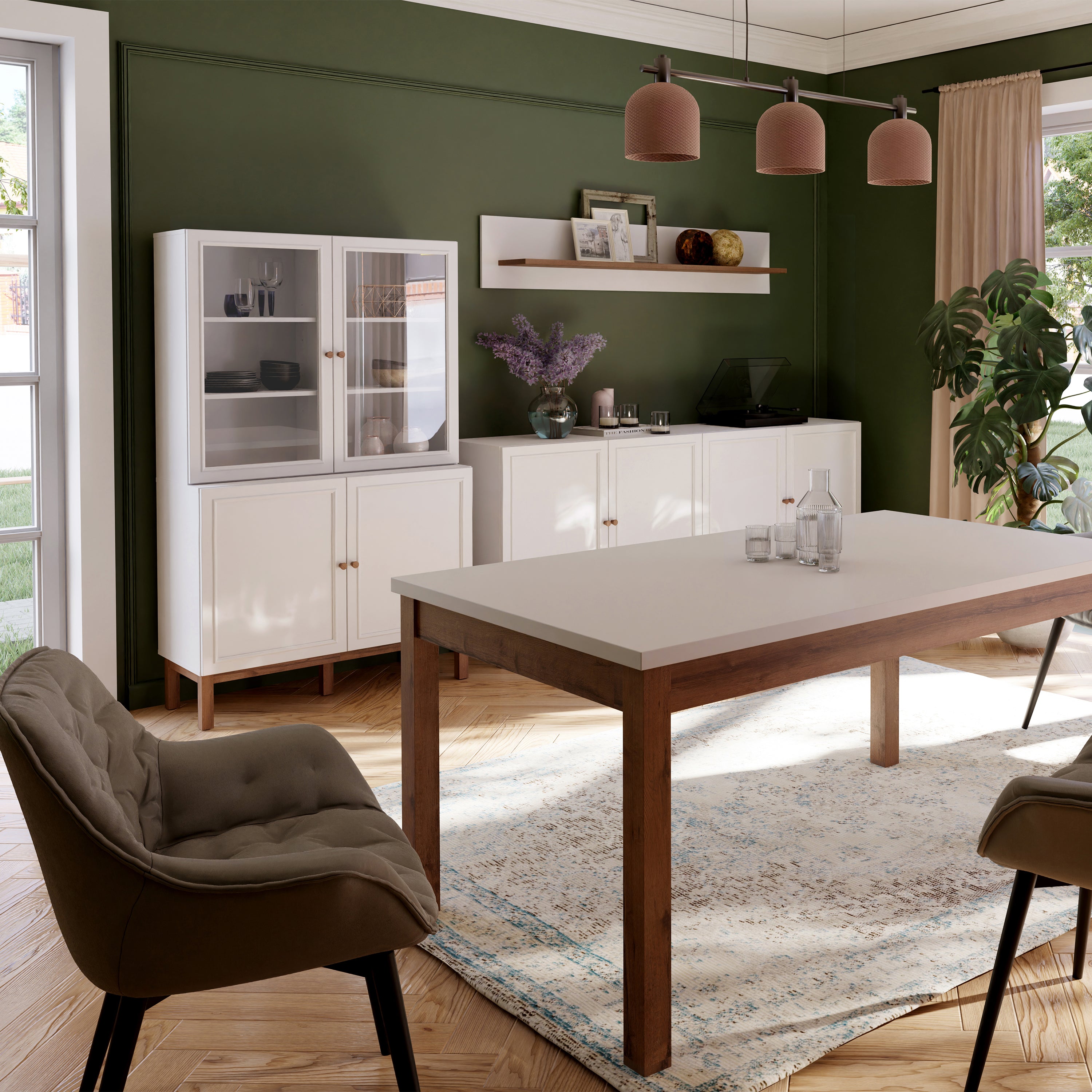 Wensley Display Cabinet with 2 Doors and 2 Glass Doors in Light Grey and Oak